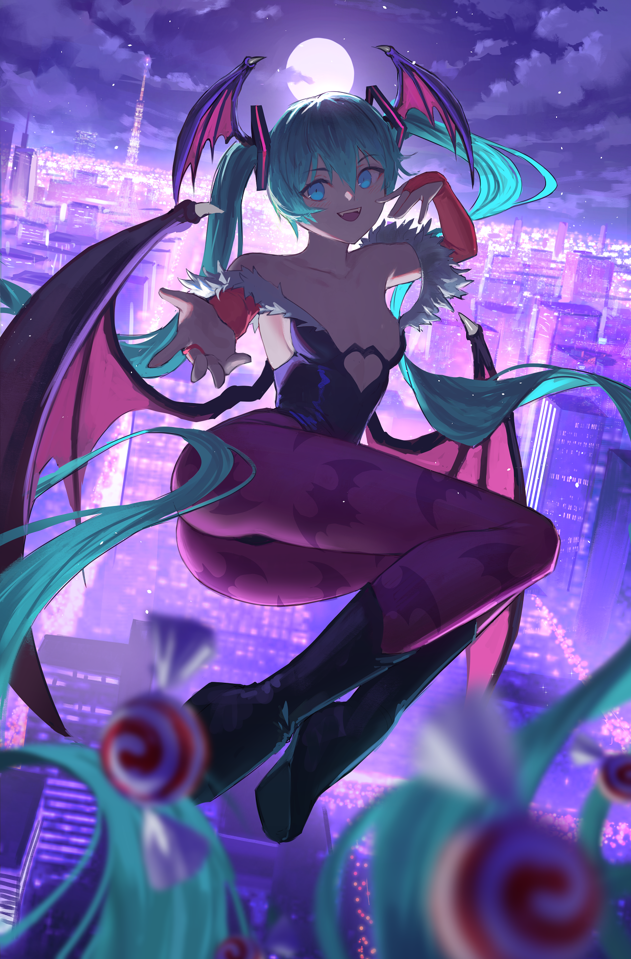 ass cosplay dark_stalkers halloween hatsune_miku leotard morrigan_aensland no_bra pantyhose vertigris vocaloid wings