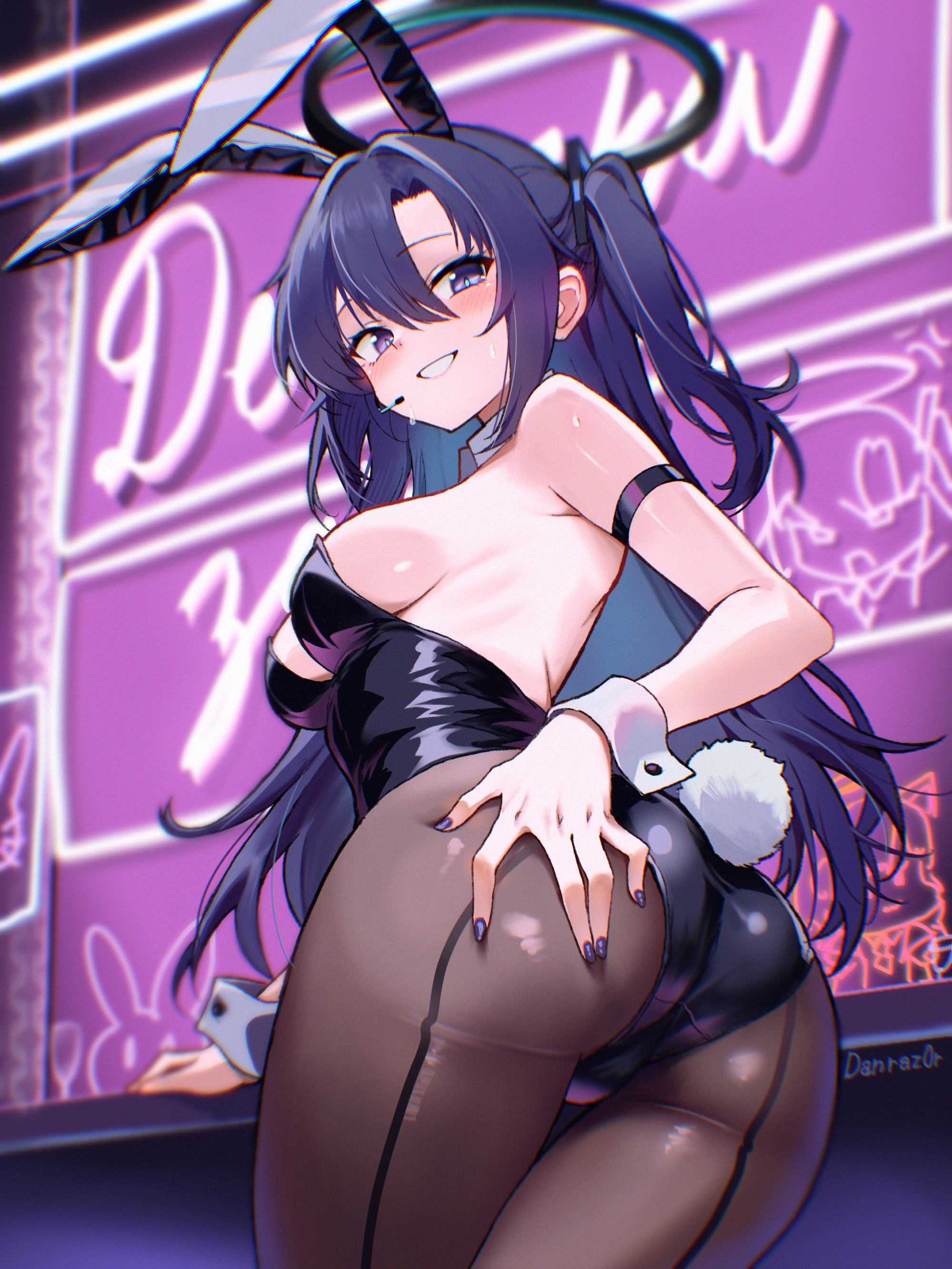animal_ears ass blue_archive bunny_ears bunny_girl danraz0r halo hayase_yuuka no_bra pantyhose tail