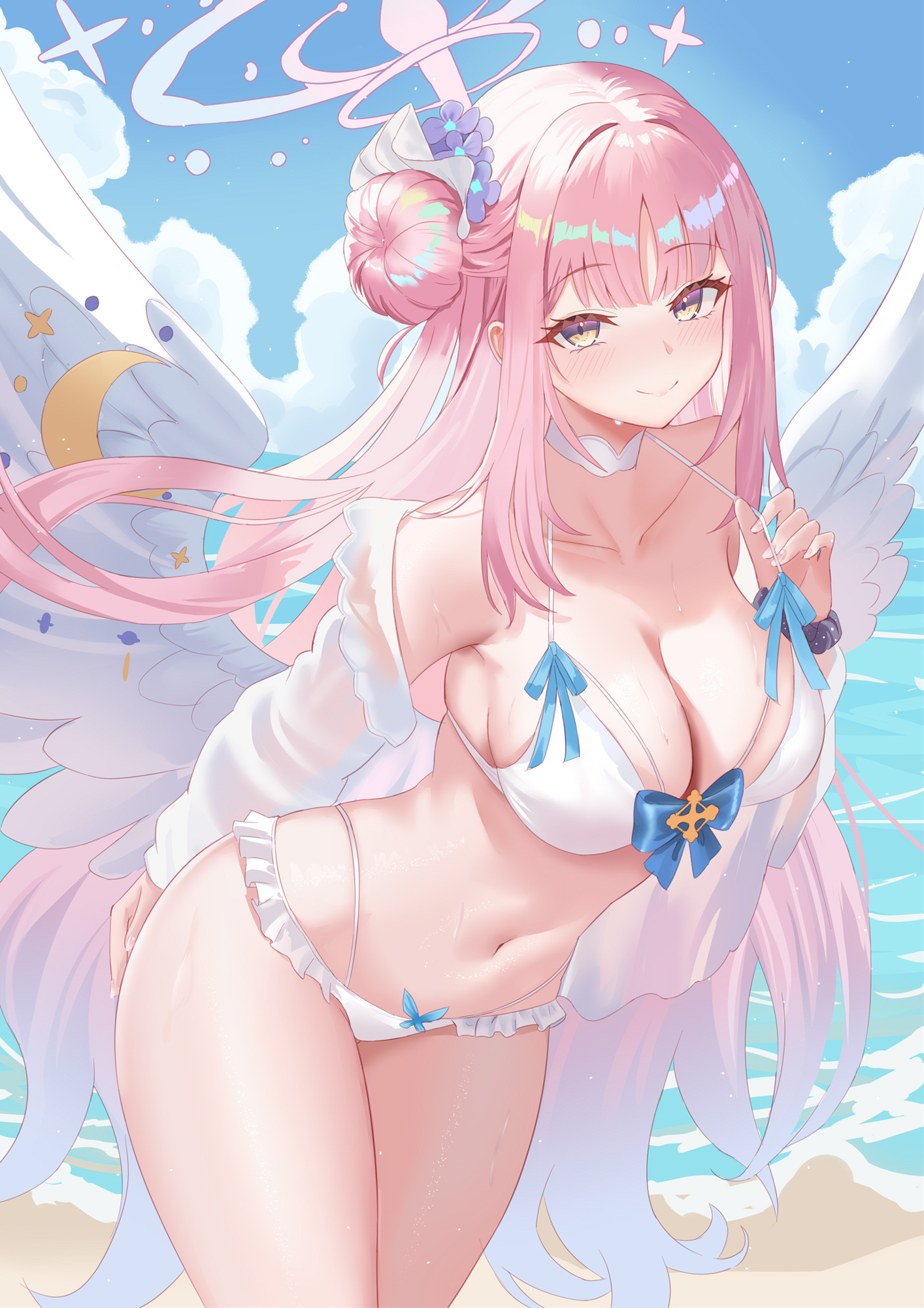 angel bikini blue_archive misono_mika open_shirt rorokaede see_through swimsuits undressing wet wet_clothes wings