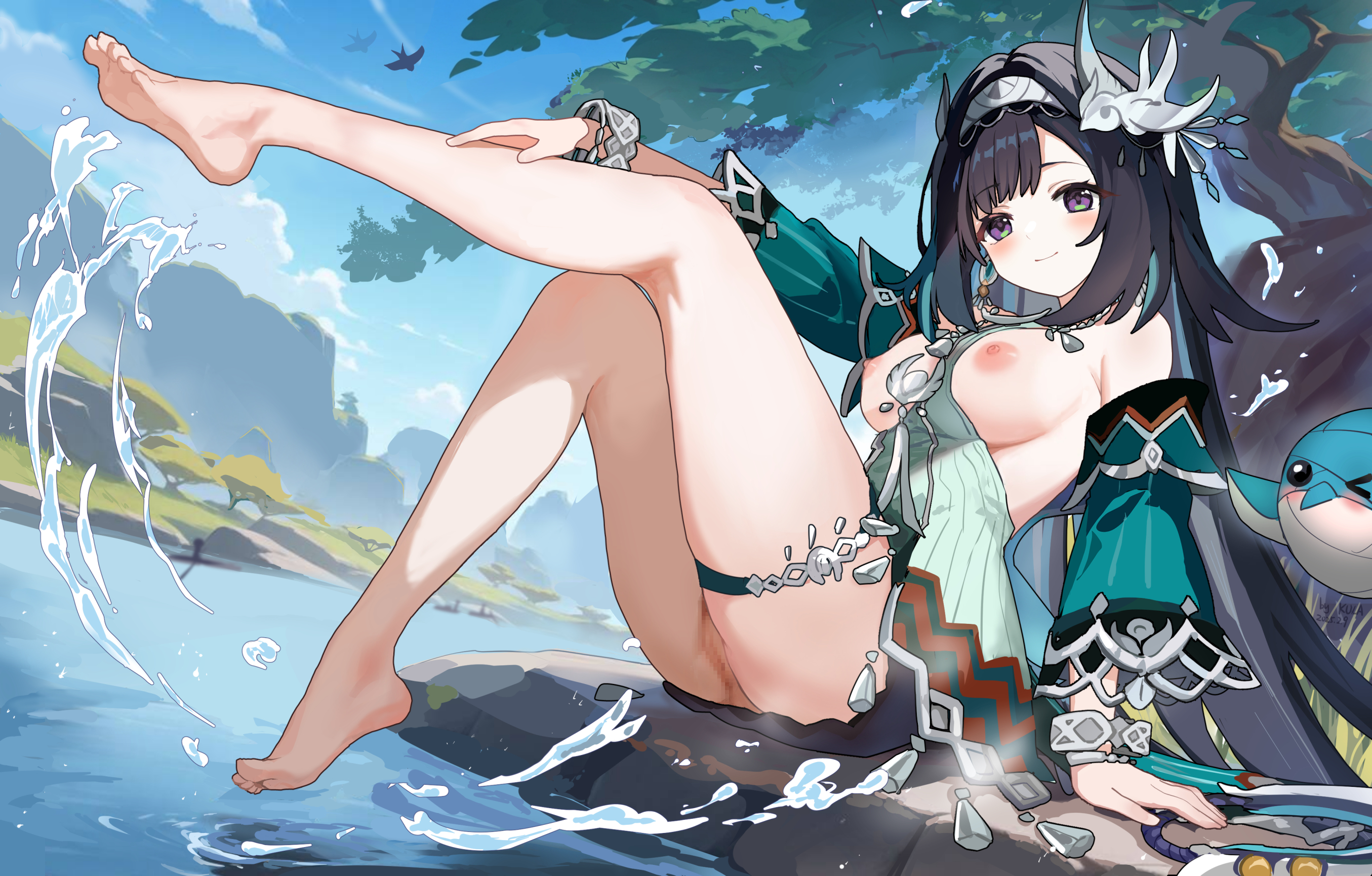 censored feet garter genshin_impact kkkula lan_yan no_bra nopan pussy skirt_lift