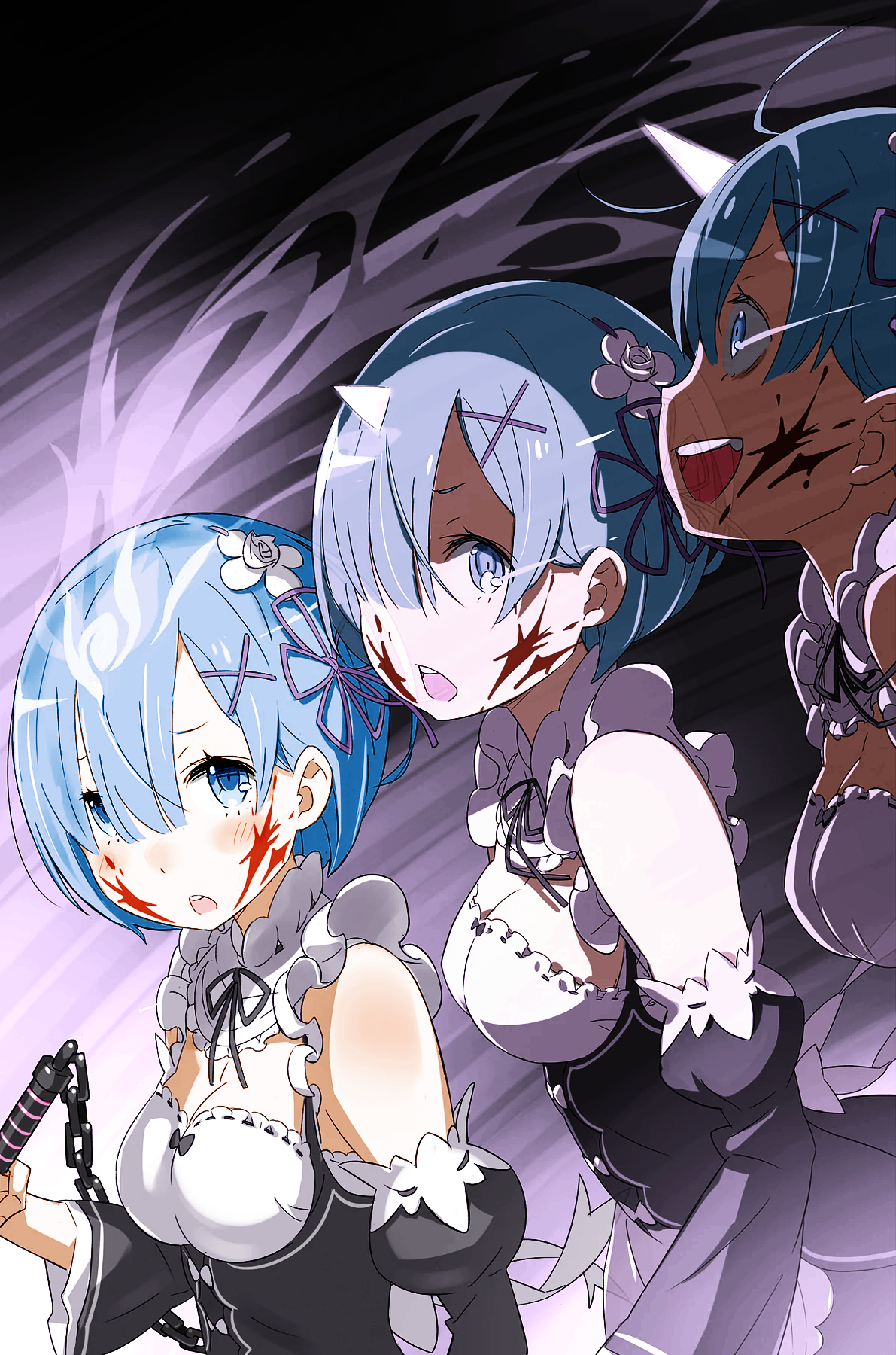 blood horns maid ootsuka_shinichirou re_zero_kara_hajimeru_isekai_seikatsu rem_(re_zero) weapon