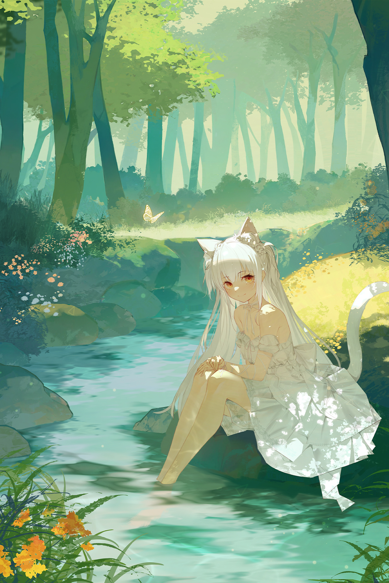 animal_ears dress nekomimi no_bra summer_dress tagme tail