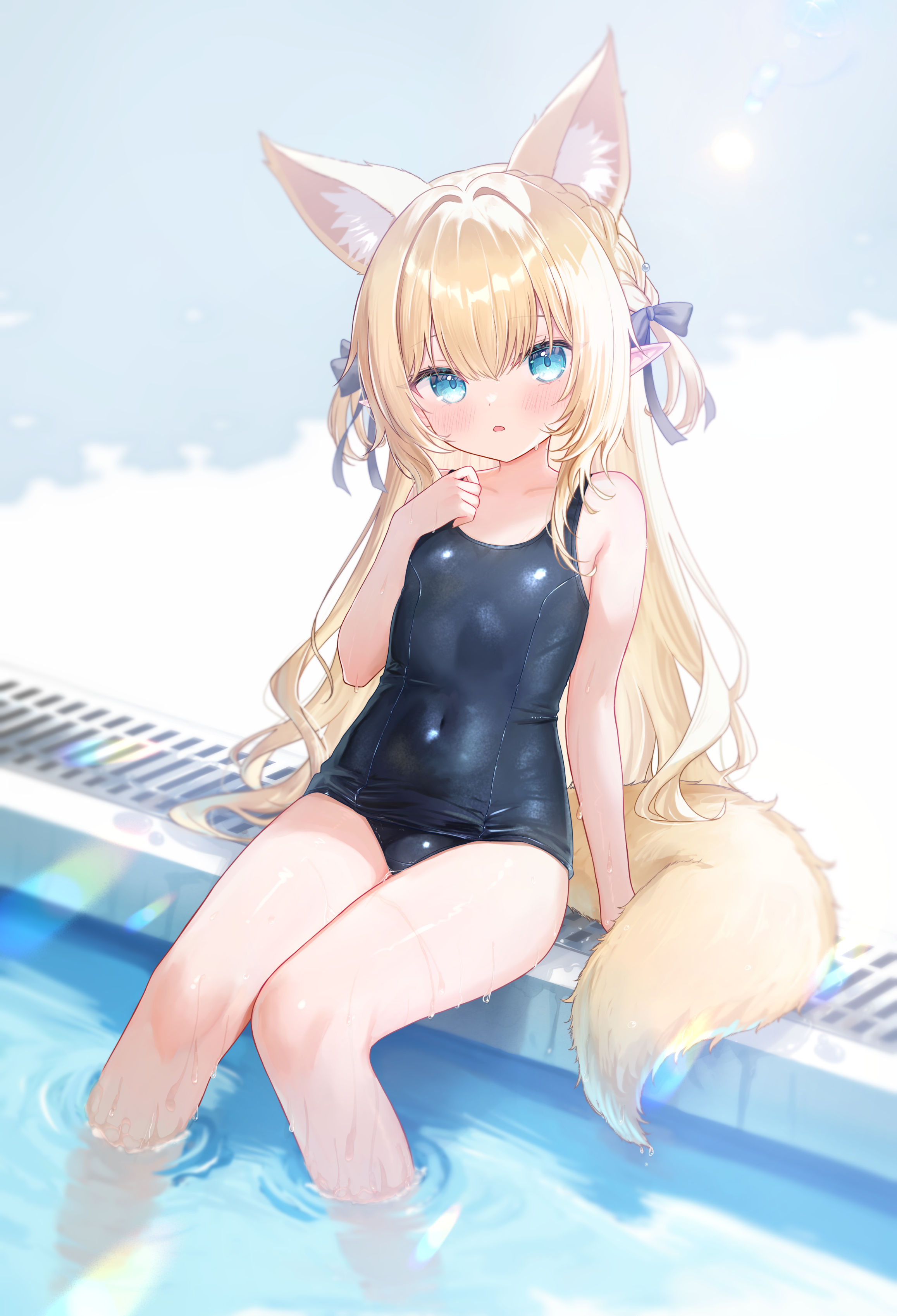 animal_ears kitsune pointy_ears school_swimsuit sese_nagi swimsuits tail vrchat wet