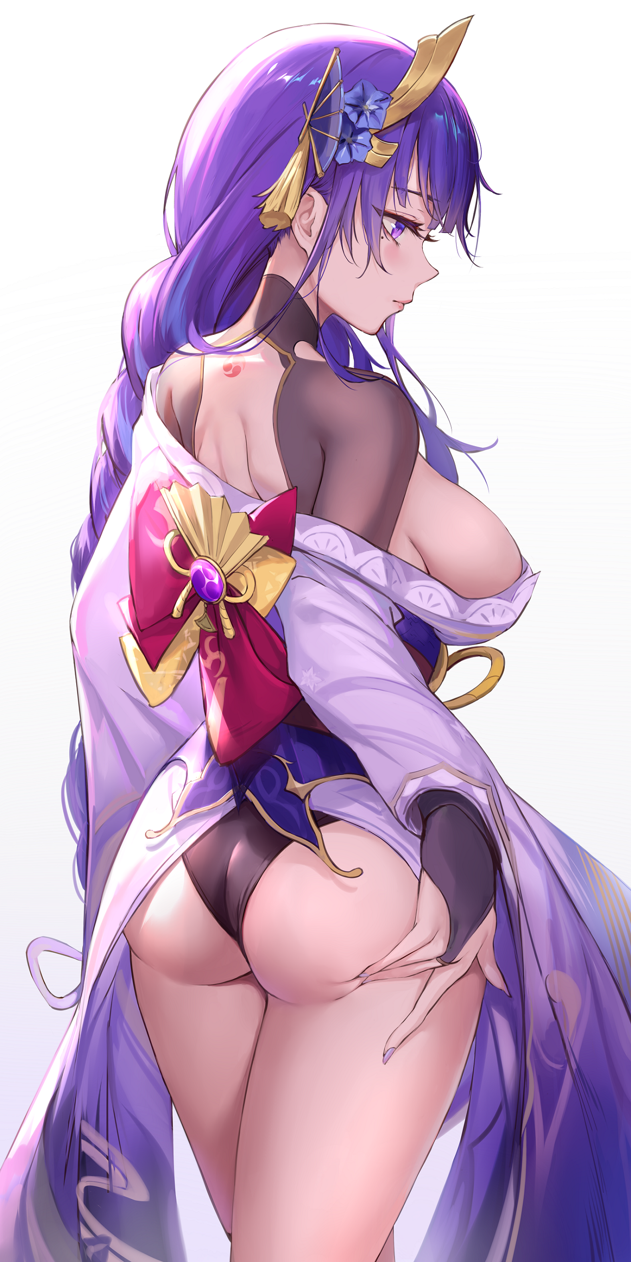 ass genshin_impact japanese_clothes no_bra open_shirt pantsu pdxen raiden_shogun tattoo thong