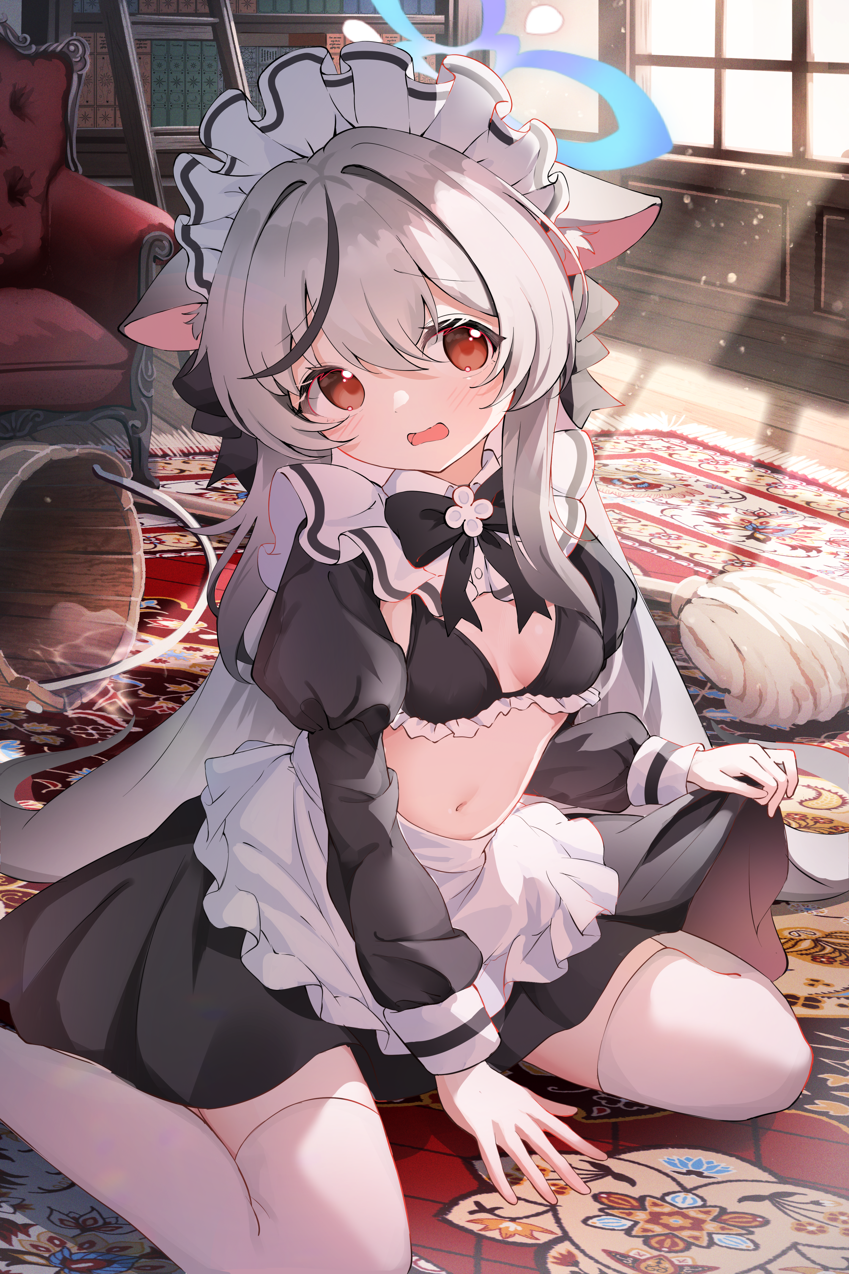 animal_ears bikini_top blue_archive halo loli maid nekomimi skirt_lift sunohara_kokona swimsuits thighhighs yukisaki_mizuchi