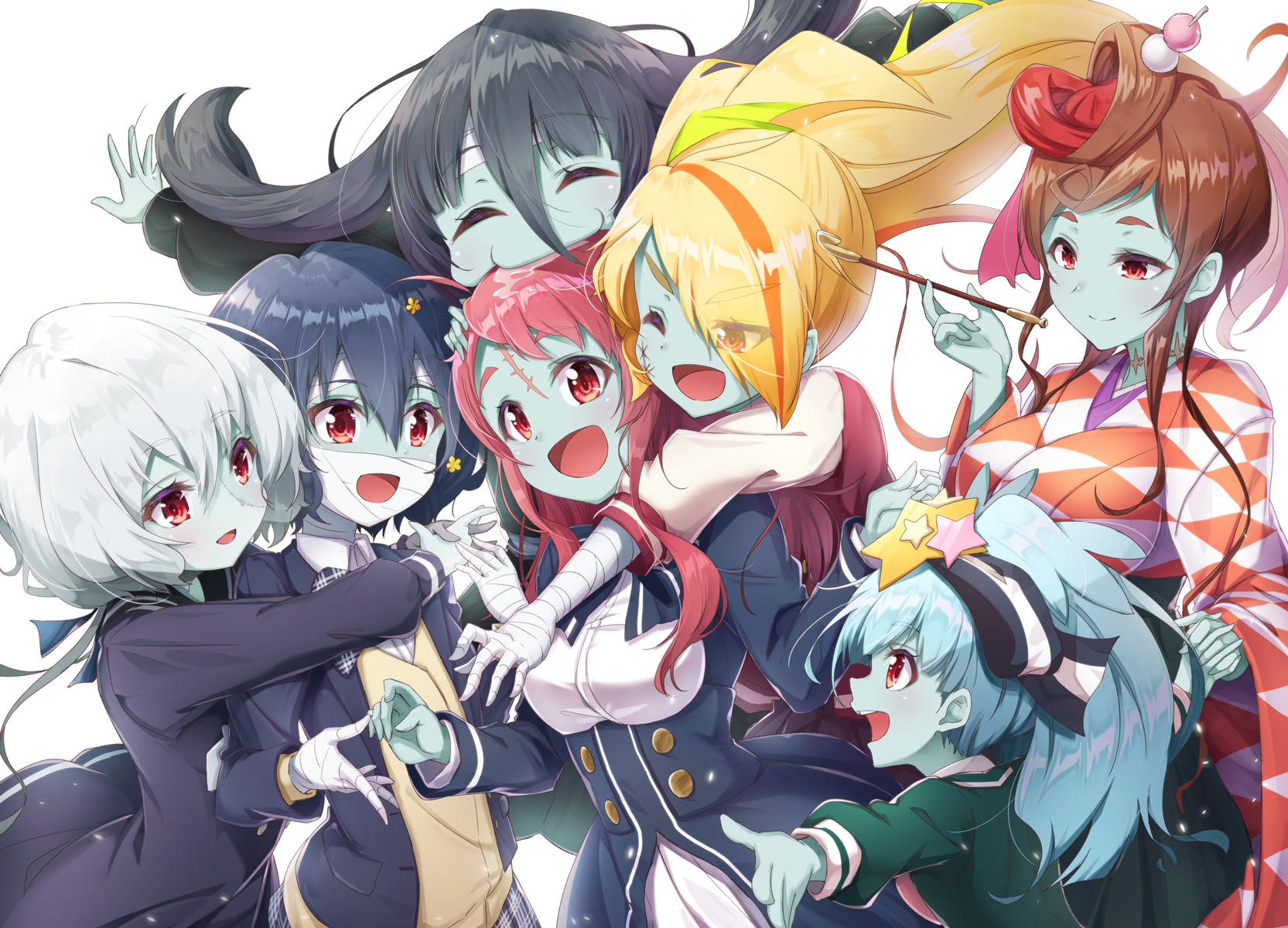 bandages hoshikawa_lily japanese_clothes konno_junko matokechi minamoto_sakura mizuno_ai nikaido_saki seifuku smoking trap yamada_tae yuugiri_(zombieland_saga) zombieland_saga