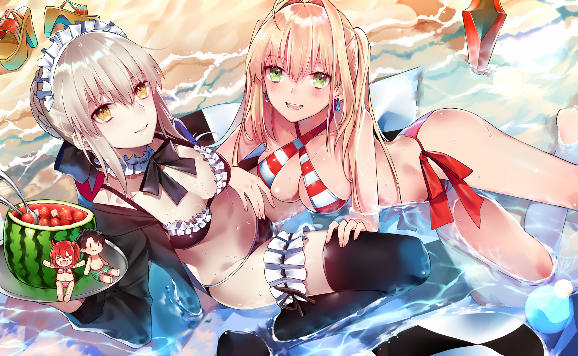 bikini chibi cleavage fate/grand_order garter ichinosenen maid open_shirt saber saber_alter saber_extra swimsuits thighhighs wet