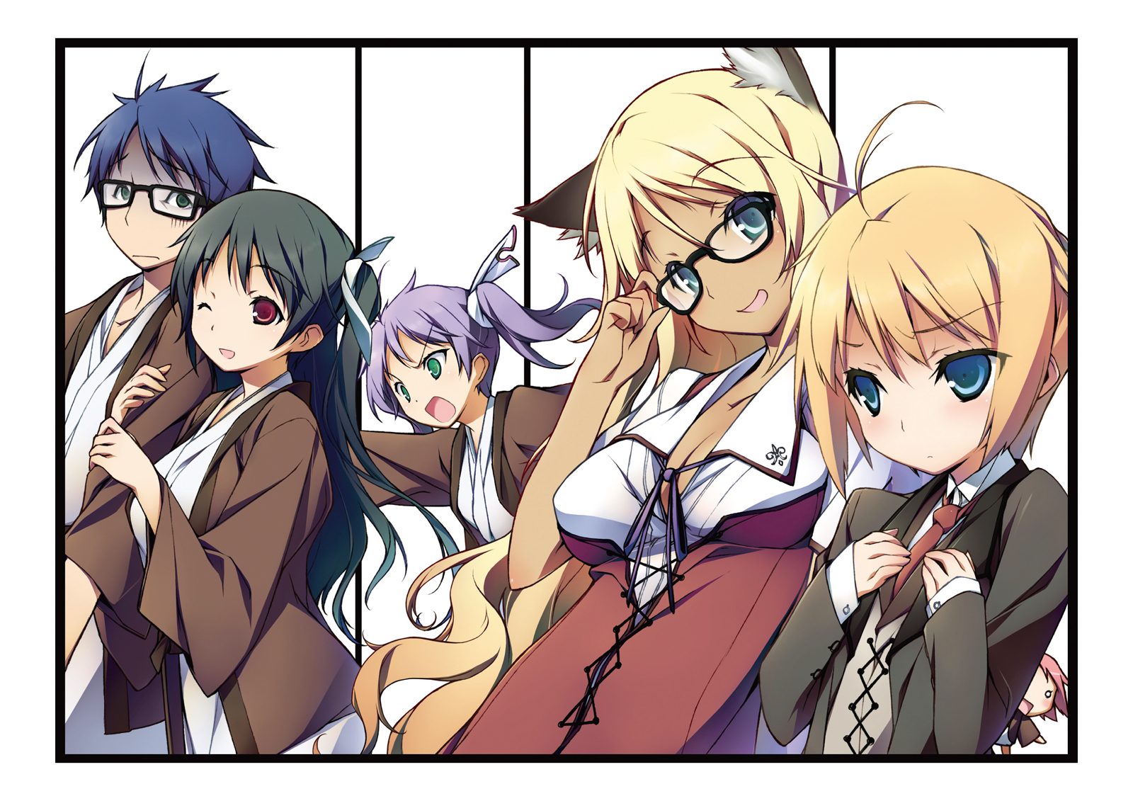 animal_ears chibi cleavage crossdress japanese_clothes kikuchi_seiji konoe_subaru mayo_chiki! megane narumi_nakuru nekomimi open_shirt reverse_trap sakamachi_kinjirou sakamachi_kureha seifuku suzutsuki_kanade usami_masamune yukata