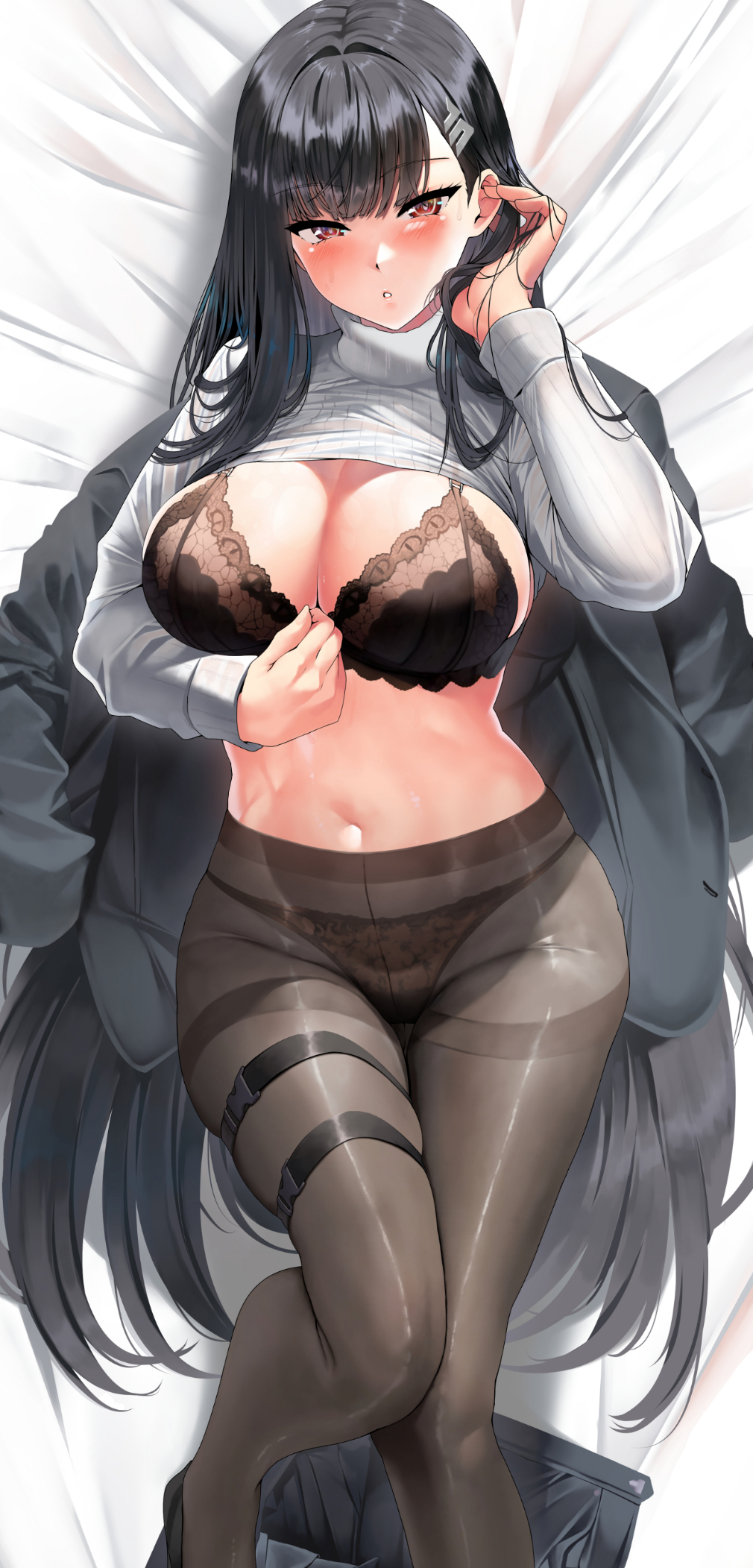 blue_archive bra business_suit dakimakura garter halo kawai pantsu pantyhose see_through shirt_lift sweater tsukatsuki_rio