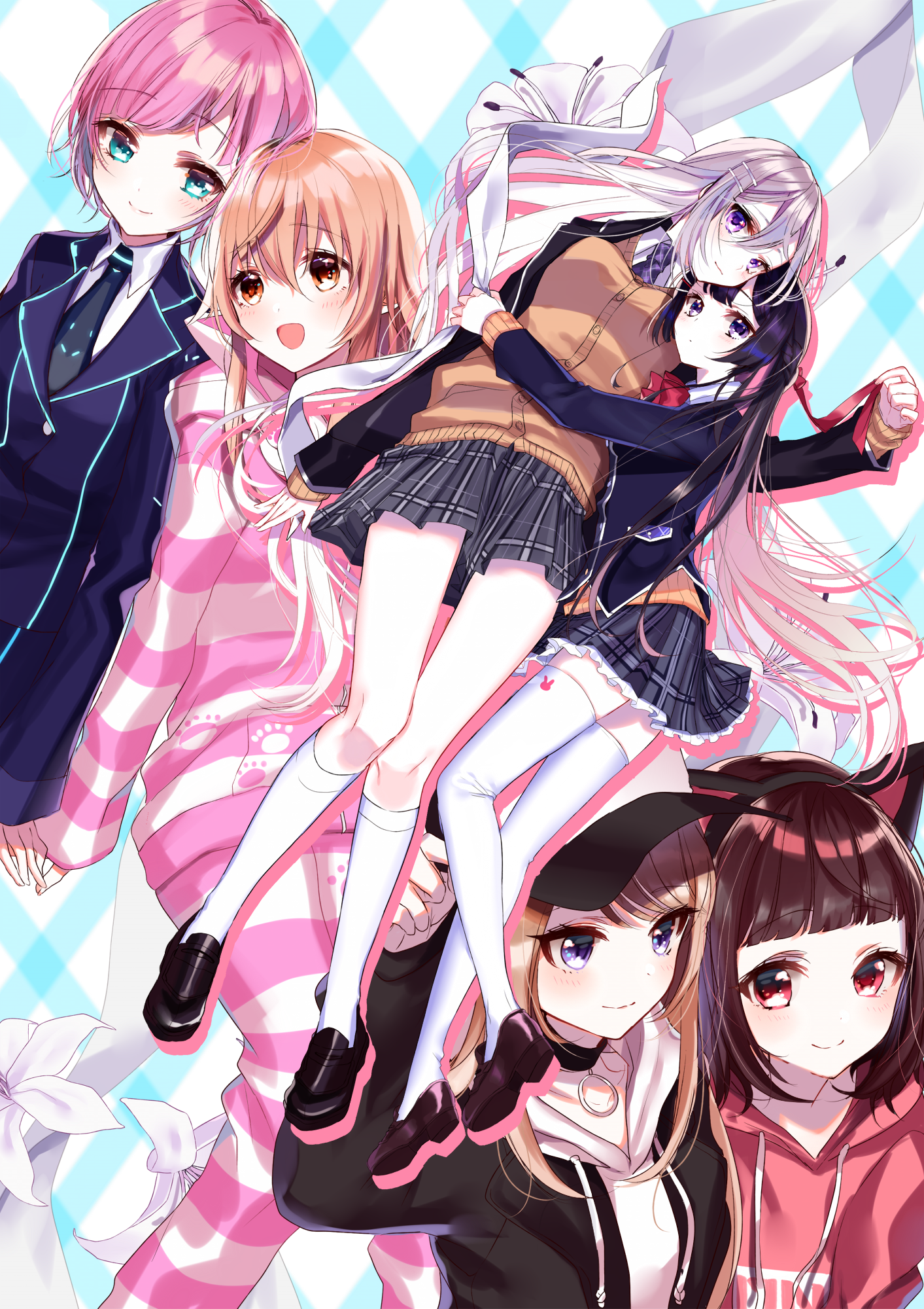 heels higuchi_kaede ienaga_mugi kmnz mc_lita mc_liz misumi_(macaroni) nijisanji seifuku sweater thighhighs tsukino_mito yuri yuuhi_riri