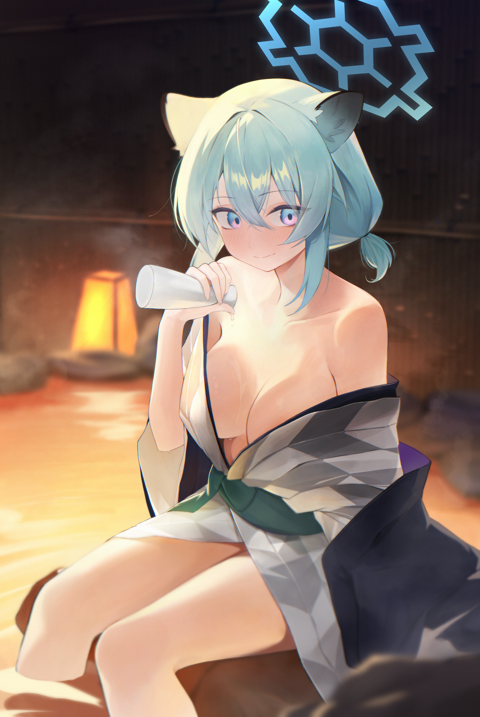 animal_ears blue_archive halo kumari2311 mayoi_shigure no_bra onsen open_shirt tail yukata