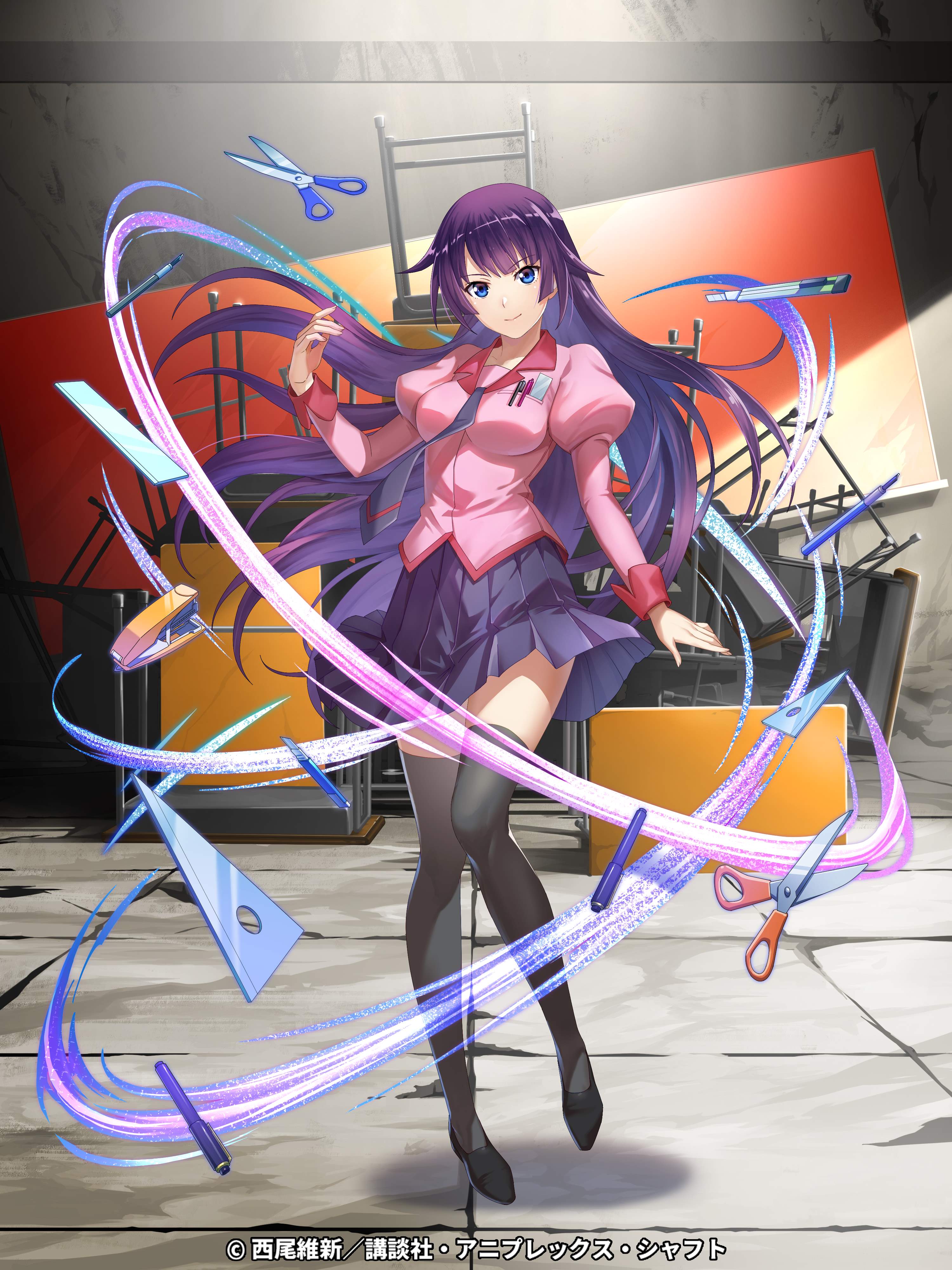 bakemonogatari heels monogatari_(series) seifuku senjougahara_hitagi skirt_lift tagme thighhighs