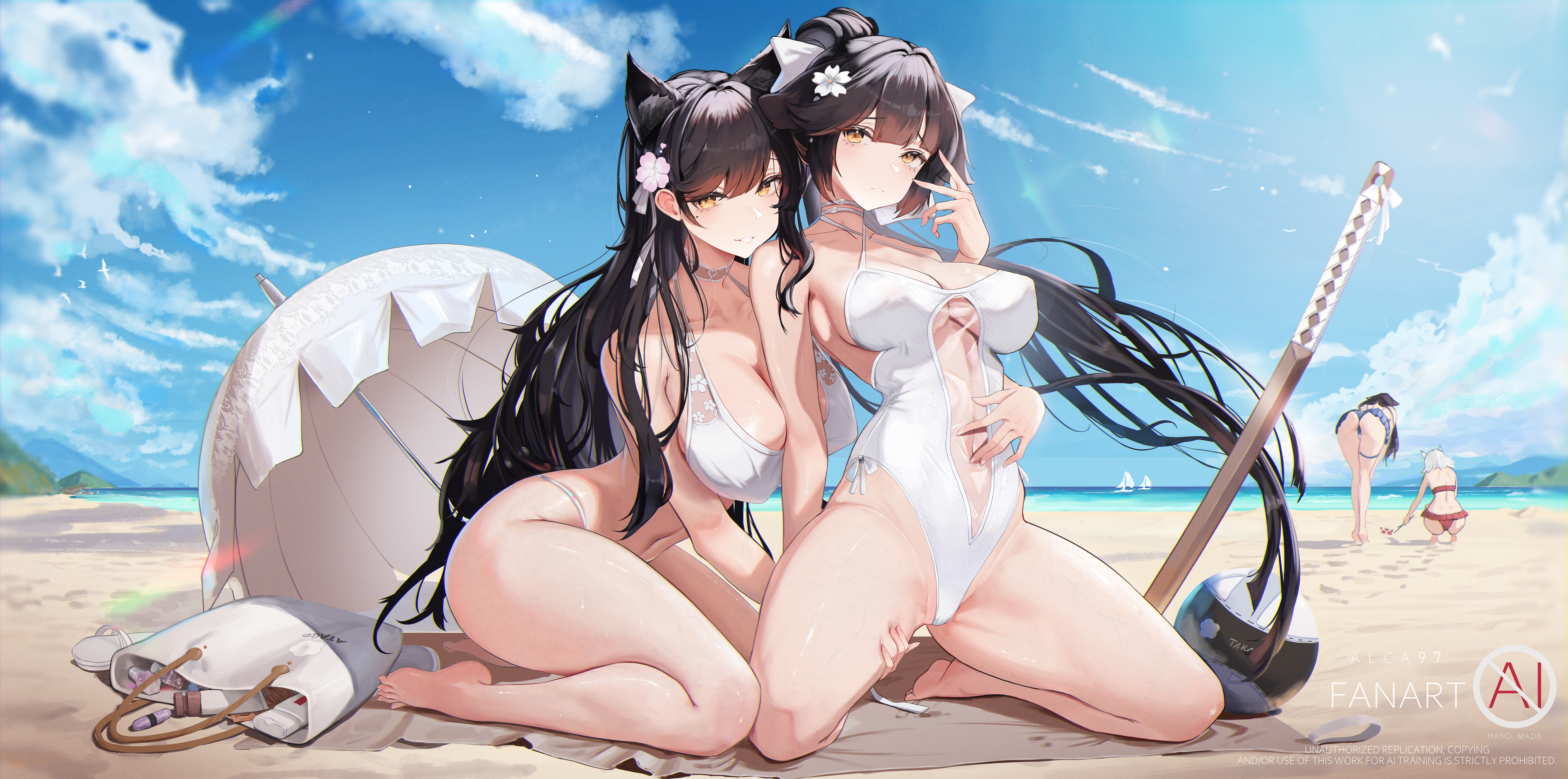 alca97 animal_ears atago_(azur_lane) azur_lane bikini choukai_(azur_lane) erect_nipples garter maya_(azur_lane) see_through swimsuits sword takao_(azur_lane) umbrella
