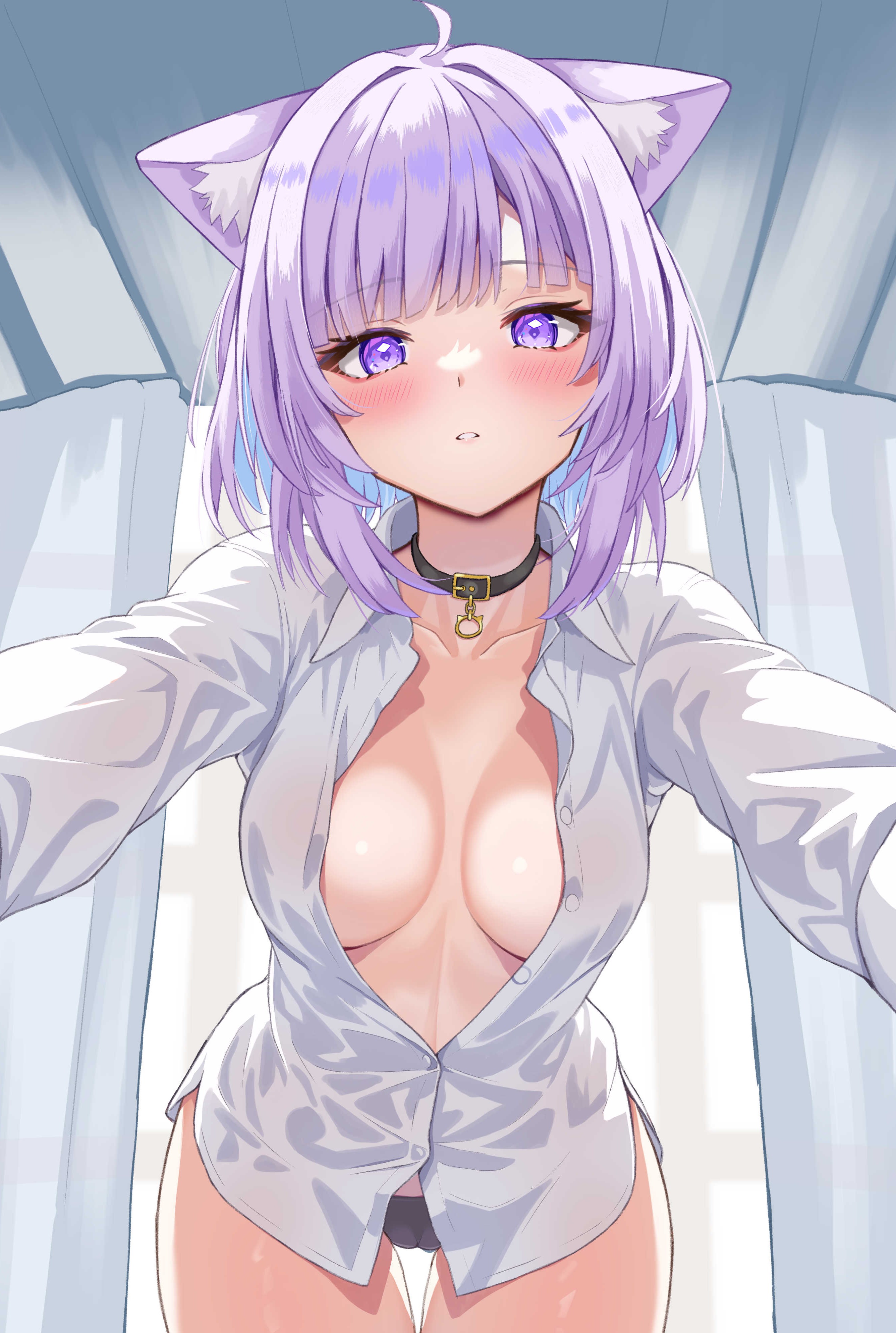 nekomata_okayu. no_bra. tags. dress_shirt. comments. animal_ears. pantsu. o...