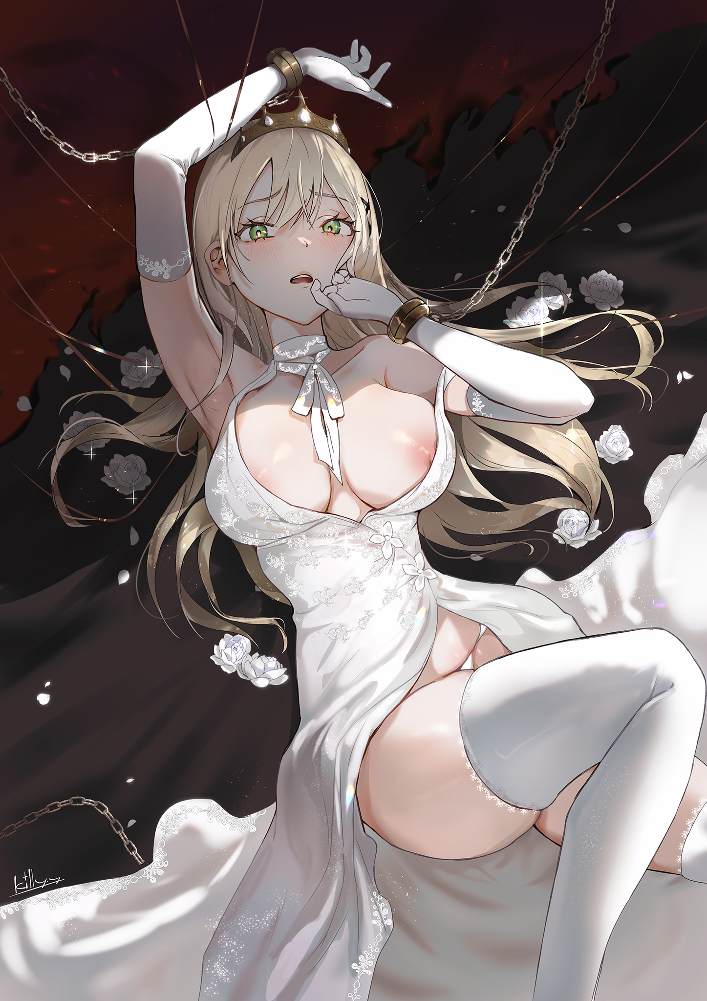 areola bondage dress killy_doodle nipple_slip no_bra open_shirt pantsu skirt_lift thighhighs wedding_dress