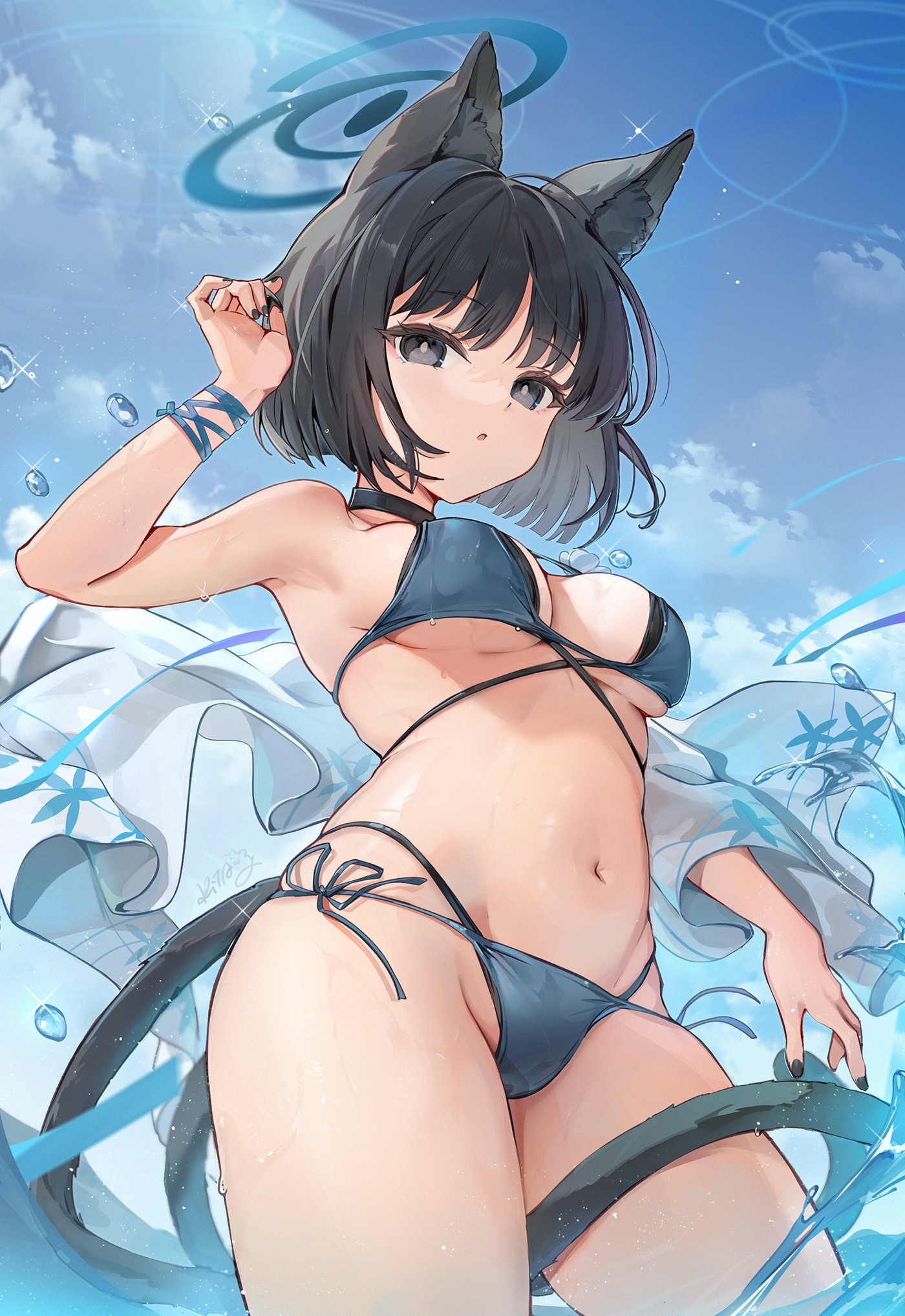 animal_ears bikini blue_archive halo kiryuu_kikyou kita_(kitairoha) nekomimi swimsuits tail wet