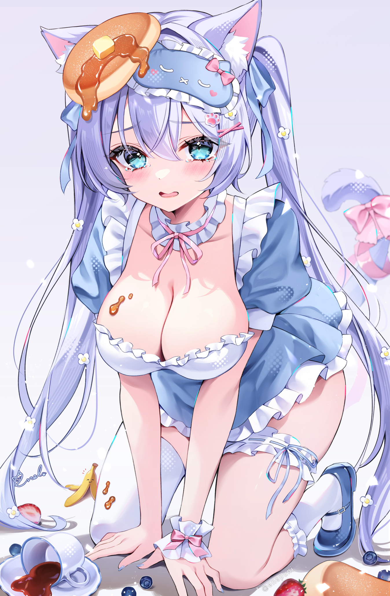 animal_ears cream enepuni garter maid nekomimi no_bra tail thighhighs waitress
