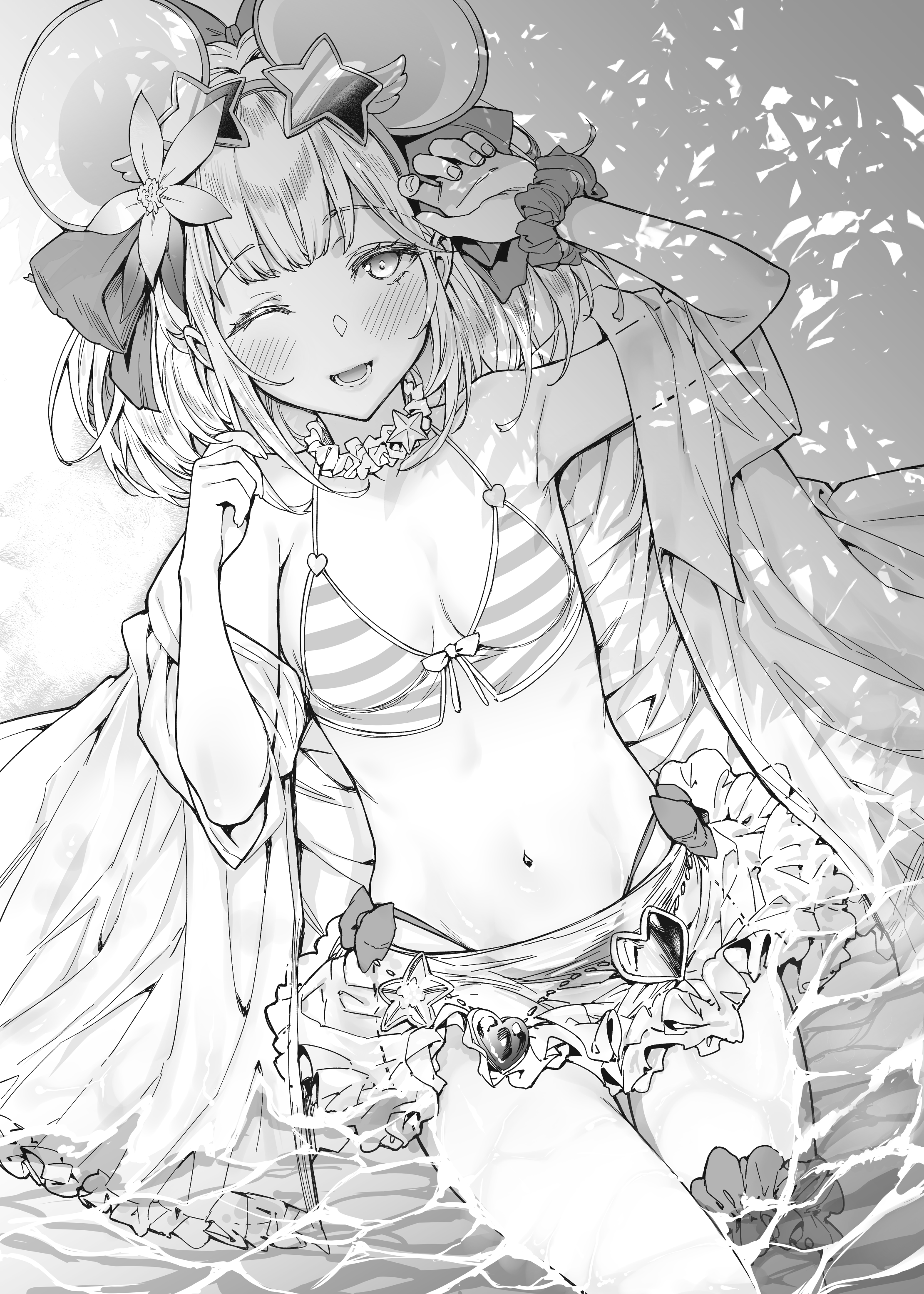 bikini garter granblue_fantasy monochrome mushi024 swimsuits vikala_(granblue_fantasy) wet