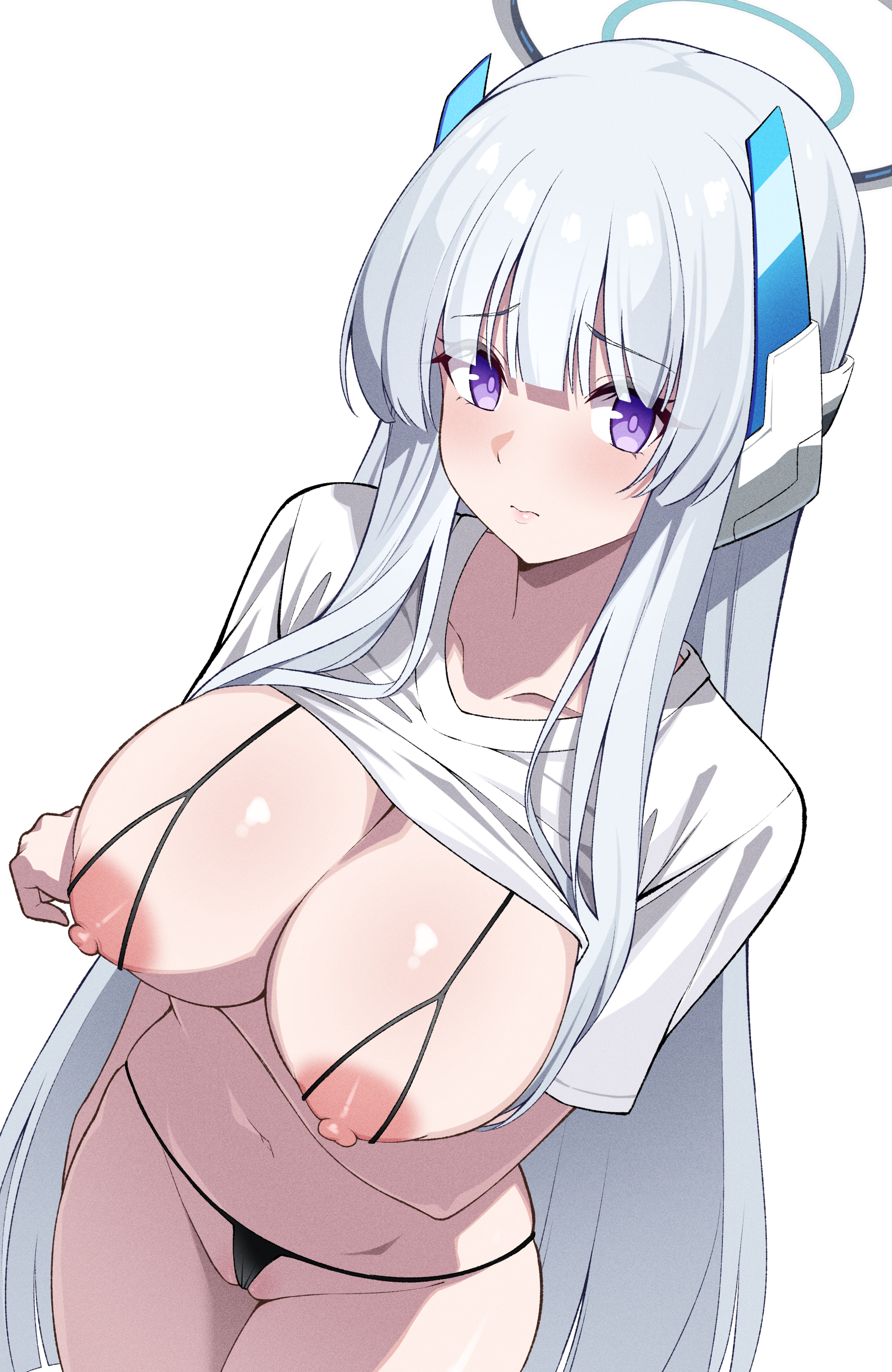 blue_archive bra breast_hold halo lingerie nipples pantsu reia_76 shirt_lift thong ushio_noa