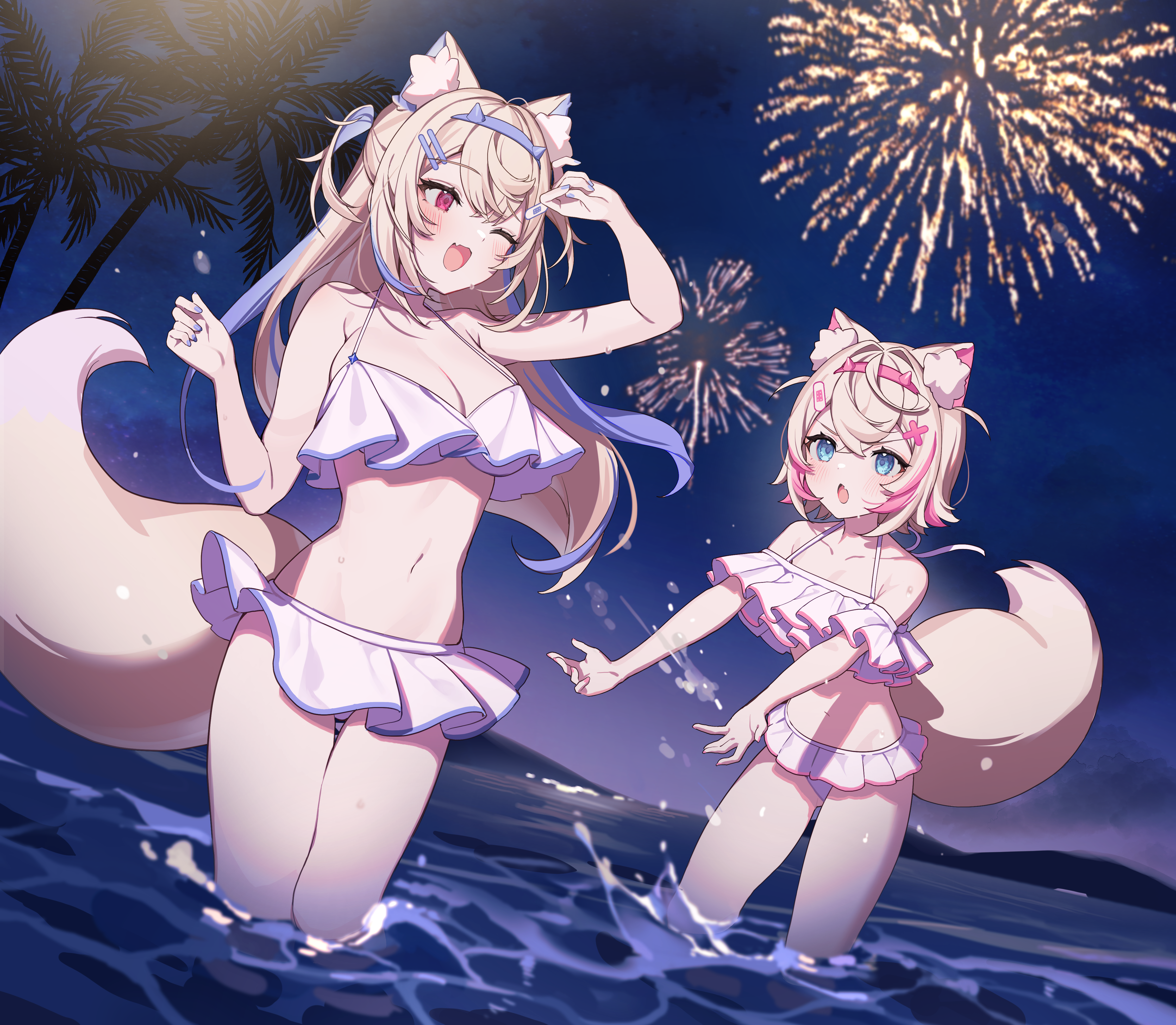 animal_ears bandaid bikini fuwawa_abyssgard hololive hololive_english horns icomochi inumimi mococo_abyssgard skirt_lift swimsuits tail wet