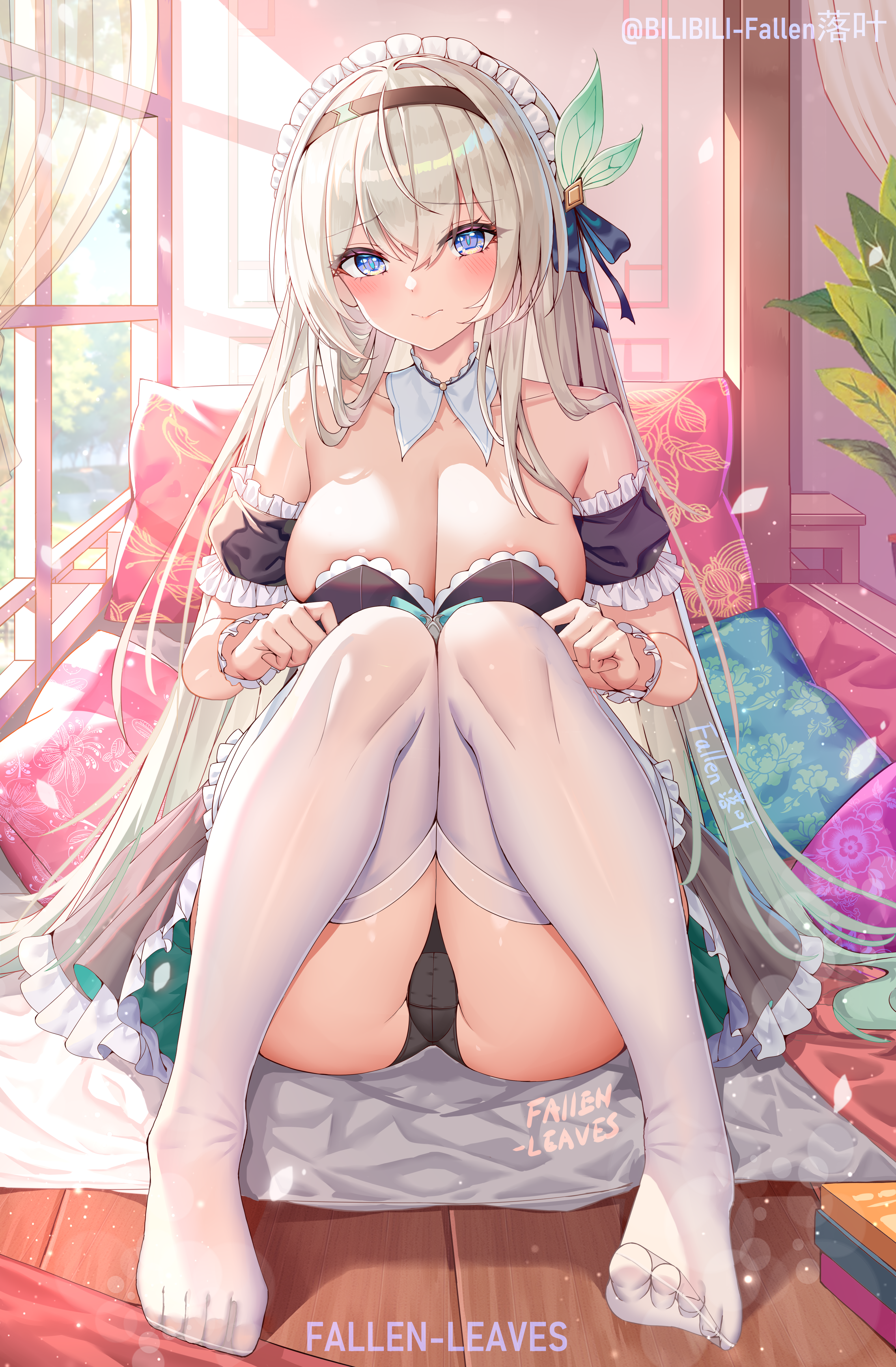 fallen-leaves firefly honkai:_star_rail maid no_bra pantsu skirt_lift thighhighs
