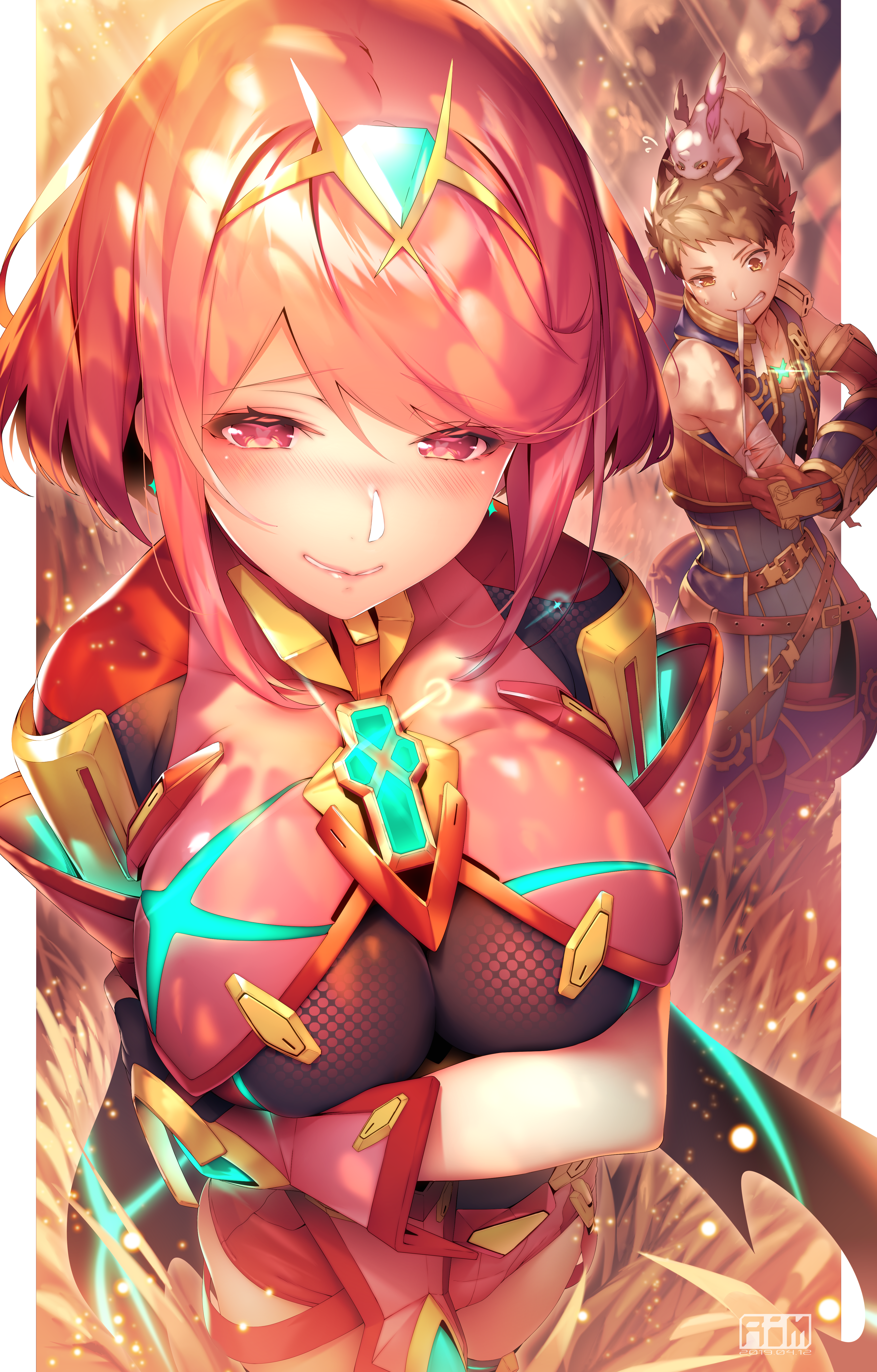 bandages bodysuit breast_hold homura_(xenoblade_2) rex ryuji_(ikeriu) xenoblade_(series) xenoblade_2