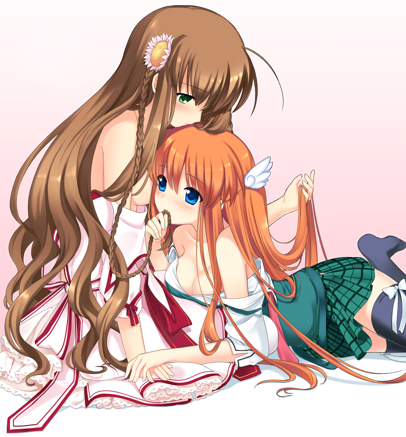 breasts kanbe_kotori no_bra ootori_chihaya open_shirt otou_(otou_san) rewrite seifuku skirt_lift thighhighs yuri