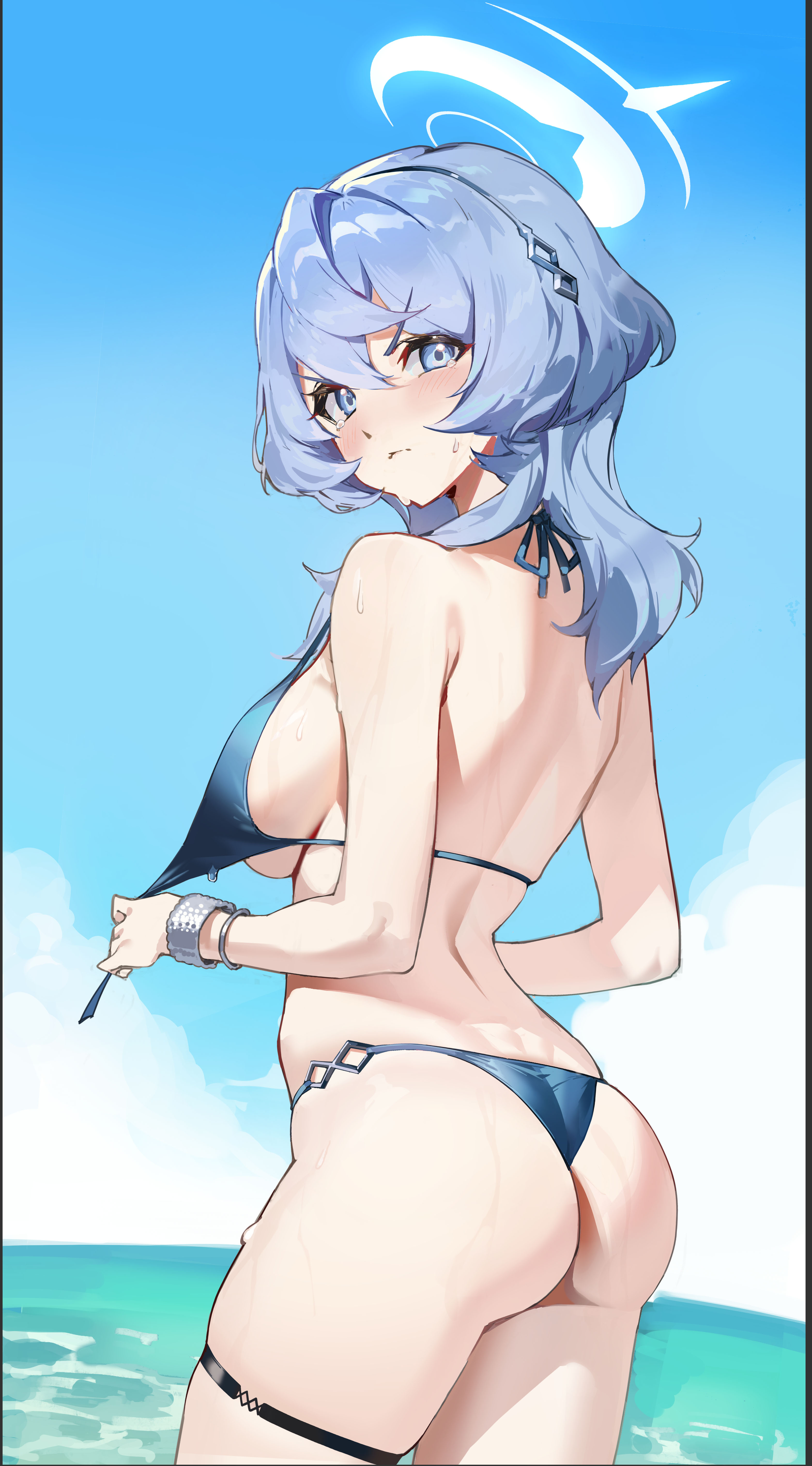 amau_ako ass bikini blue_archive garter halo runfufu swimsuits thong undressing wet
