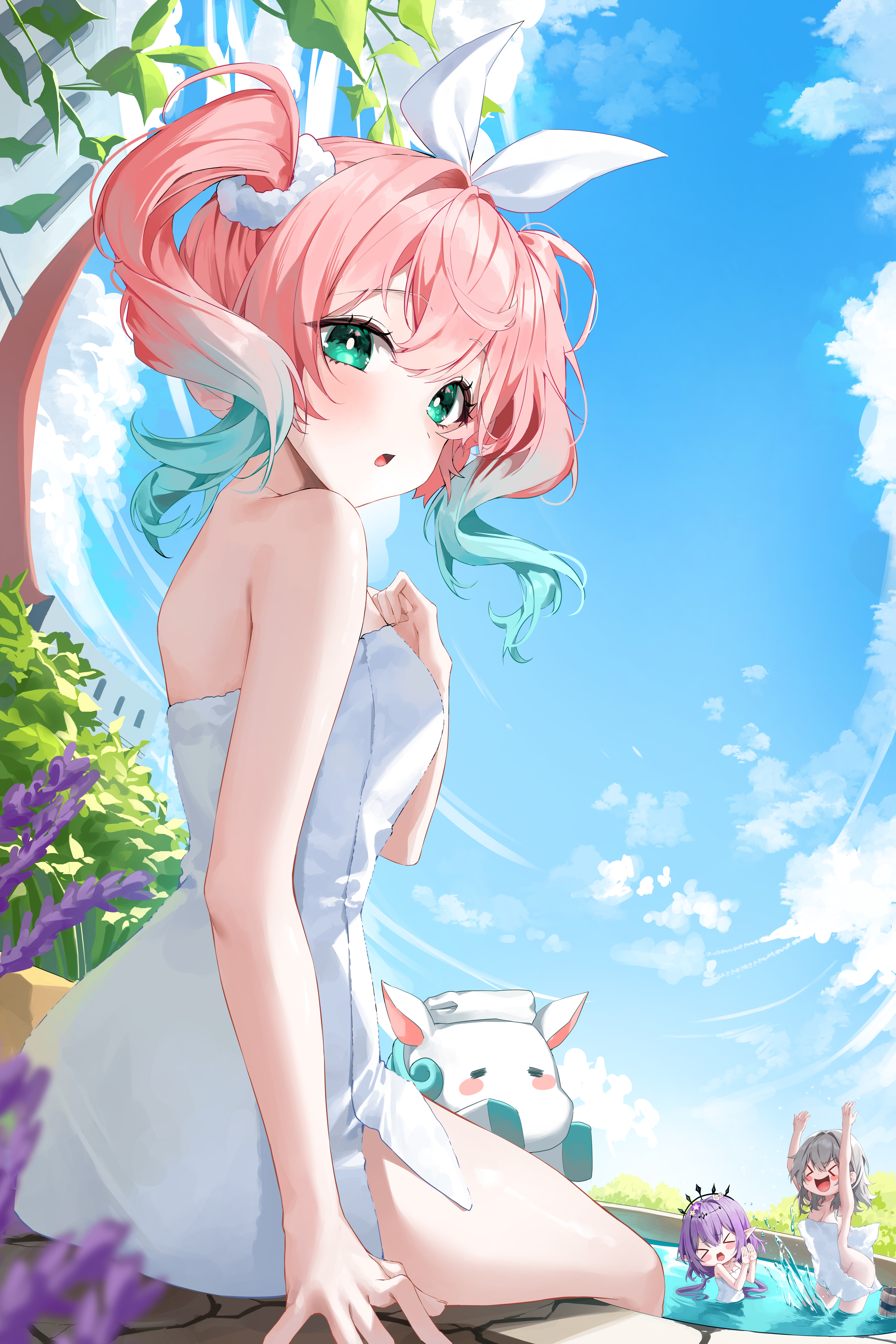 castorice honkai:_star_rail hyacine kuro_(rudyan0128) pointy_ears stelle towel