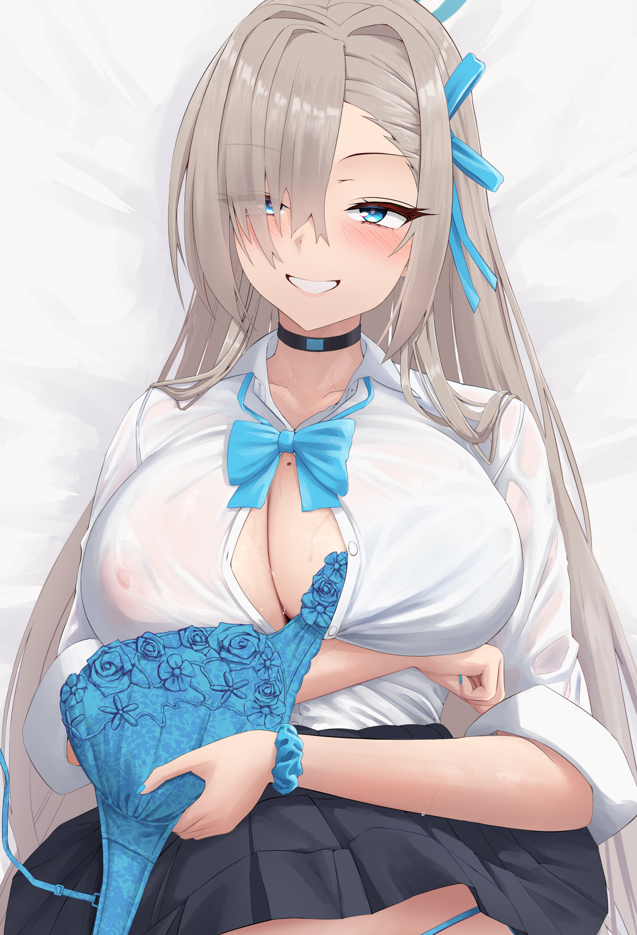 blue_archive bra breast_hold dakimakura erect_nipples halo ichinose_asuna open_shirt pantsu see_through seifuku silver_bullet_(ecc12_8) skirt_lift undressing wet wet_clothes