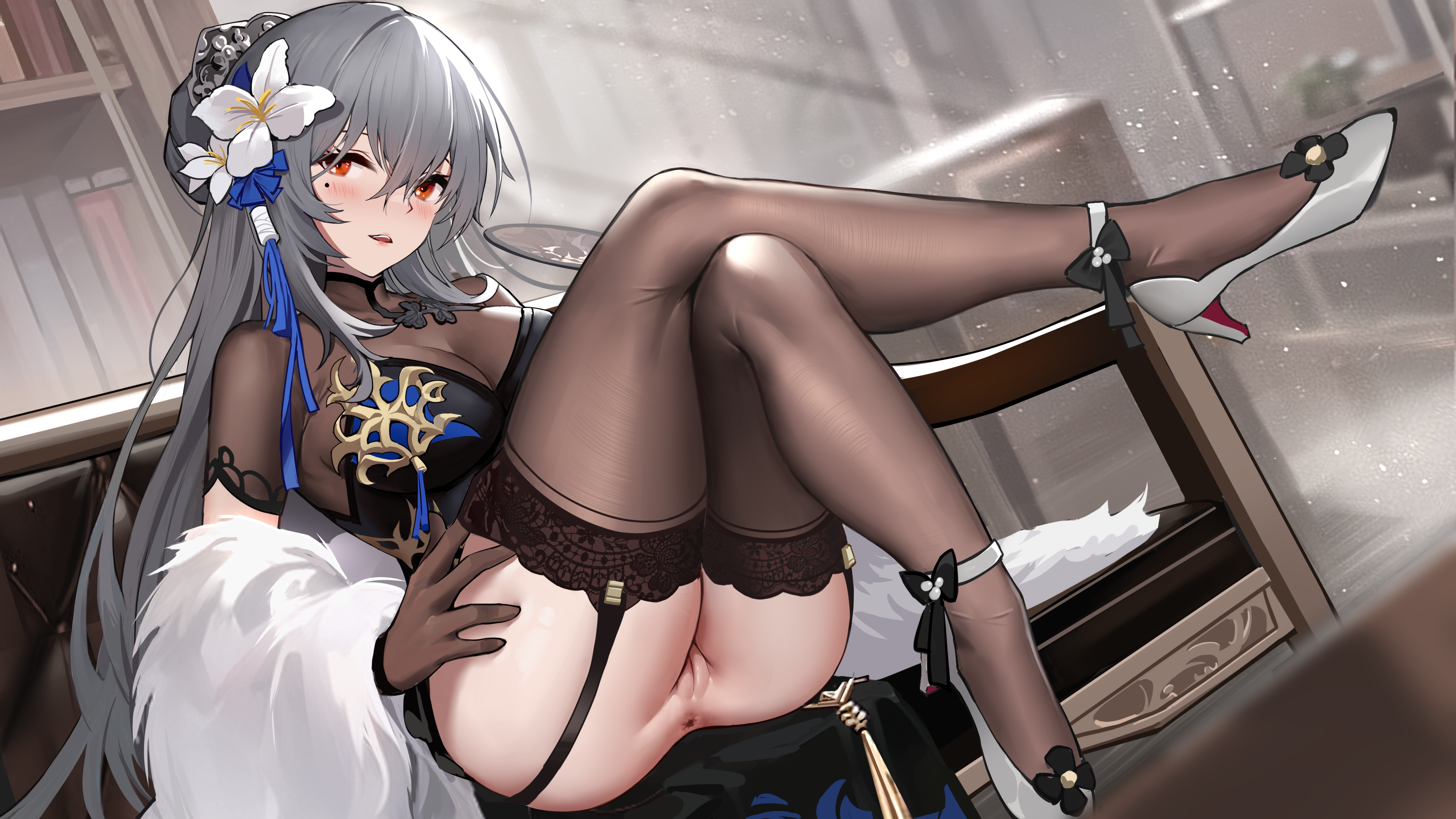 anus asian_clothes azur_lane heels no_bra nopan pussy qianqiu_wanxia saint_louis_(azur_lane) see_through skirt_lift stockings thighhighs uncensored wallpaper