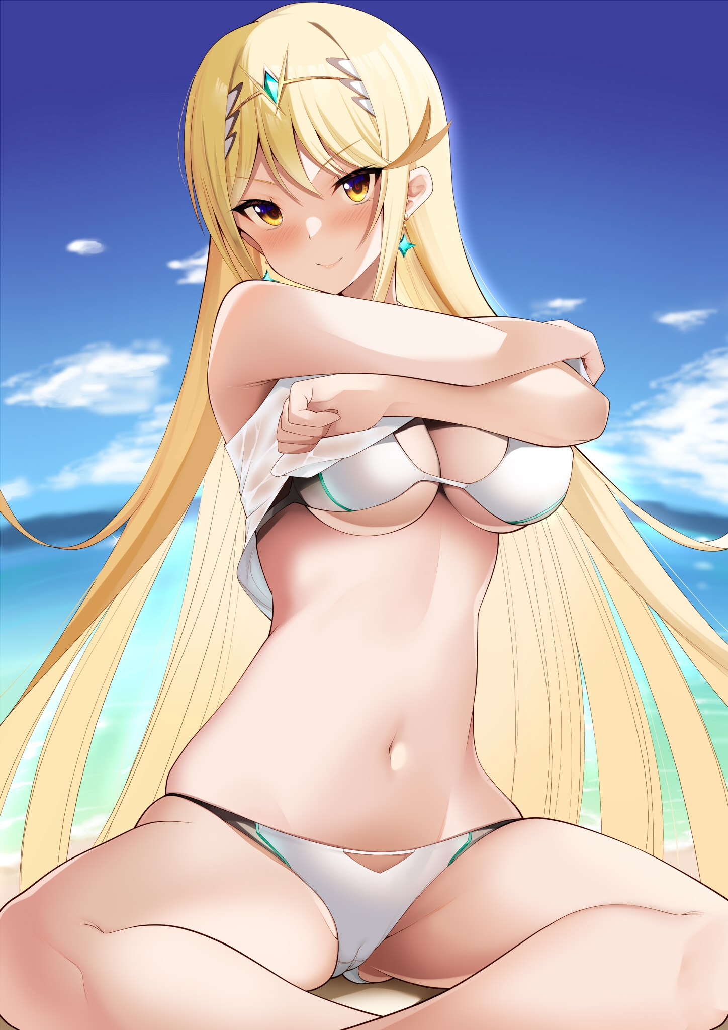 bikini cameltoe daive hikari_(xenoblade_2) see_through shirt_lift swimsuits undressing wet_clothes xenoblade xenoblade_chronicles_2