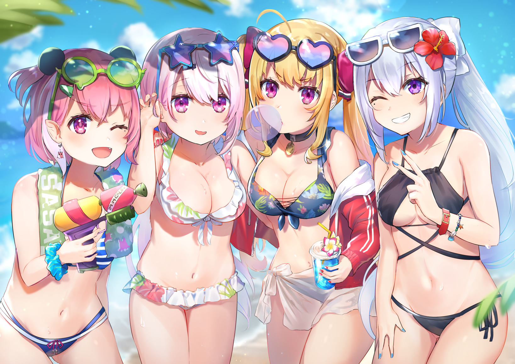 bikini cleavage gun higuchi_kaede megane nijisanji nijisanji_gamers nijisanji_seeds omelet_tomato open_shirt pointy_ears sasaki_saku see_through shiina_yuika swimsuits takamiya_rion