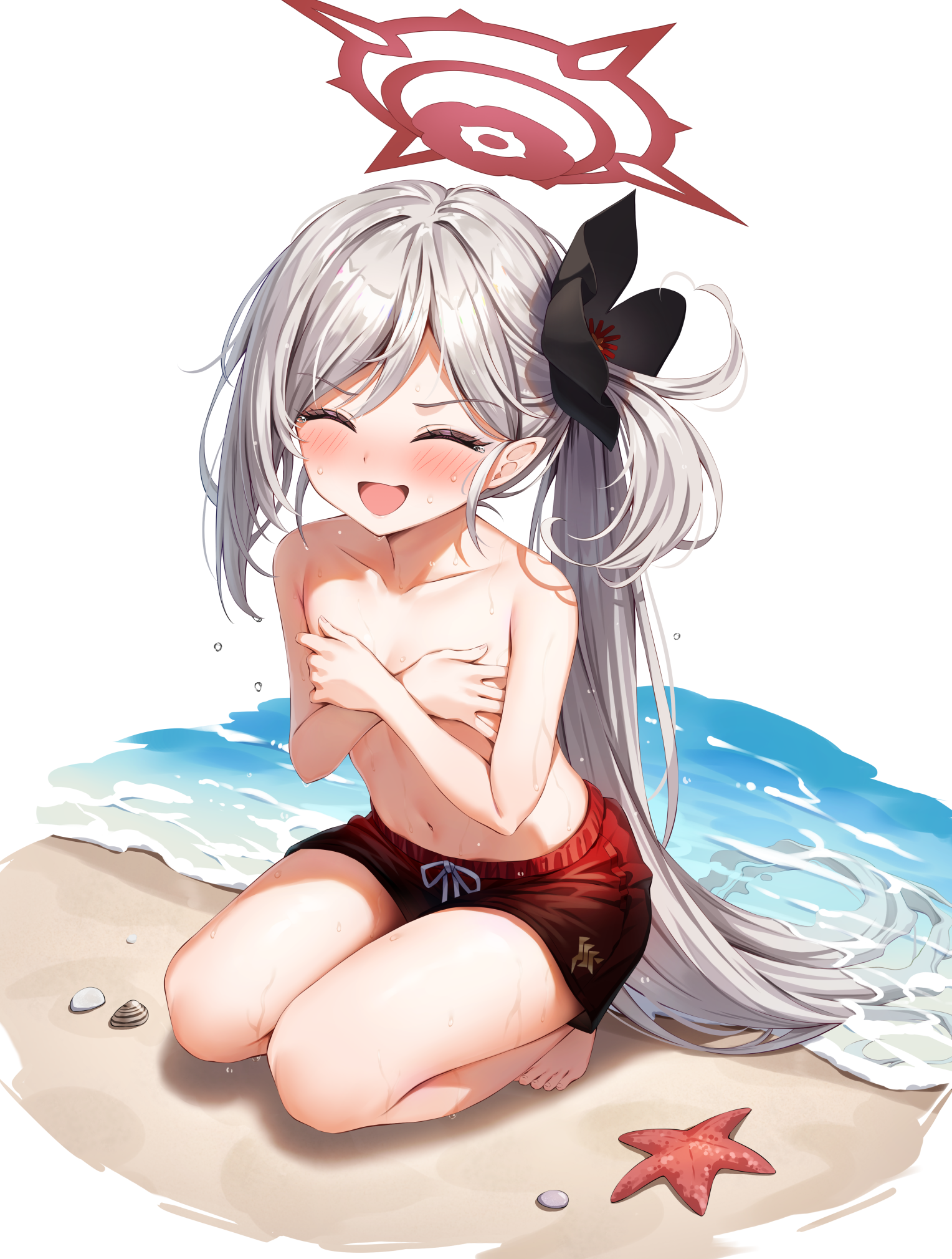 asagi_mutsuki blue_archive breast_hold crossdress halo kuria_(clear_trip_second) loli pointy_ears swimsuits topless wet