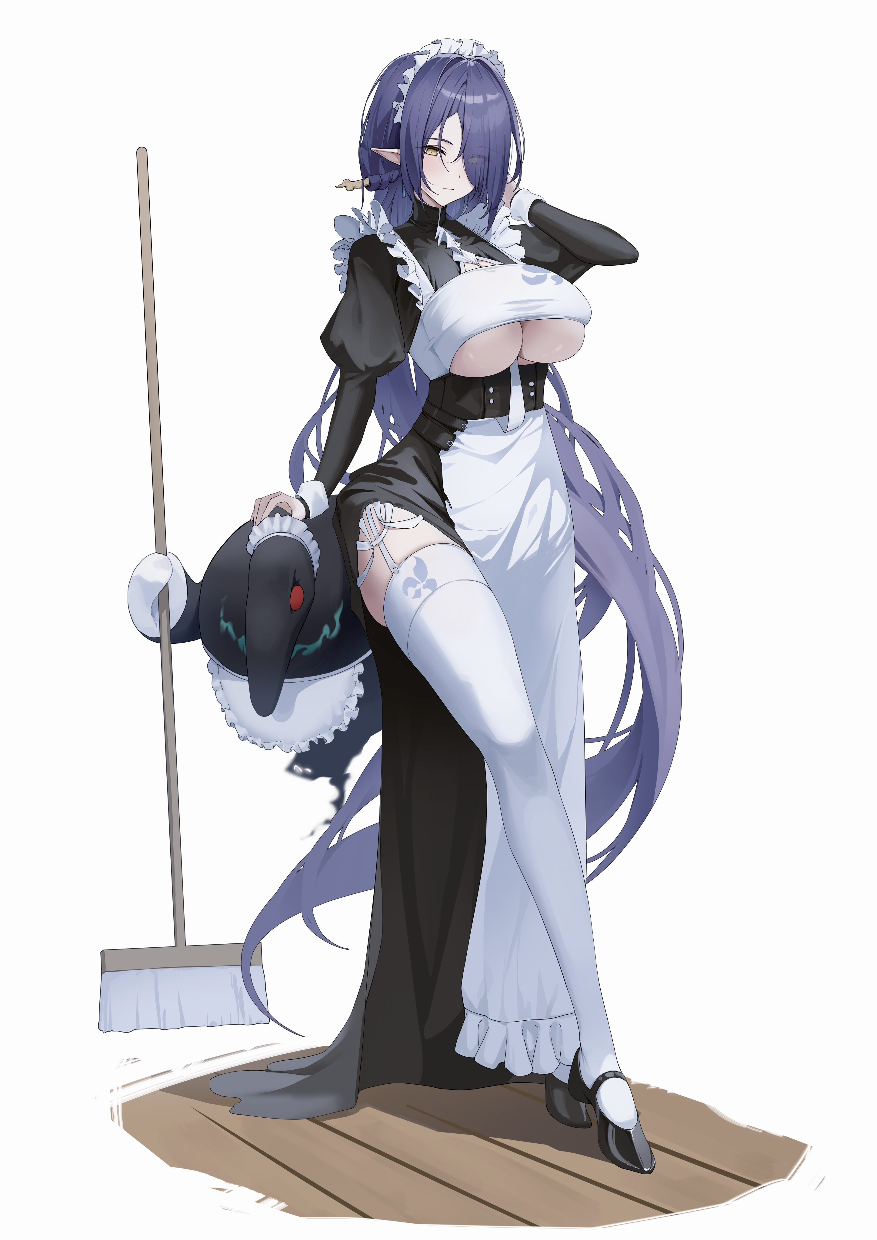 epic7 maid moda_(mo_da_3) no_bra pointy_ears stockings thighhighs