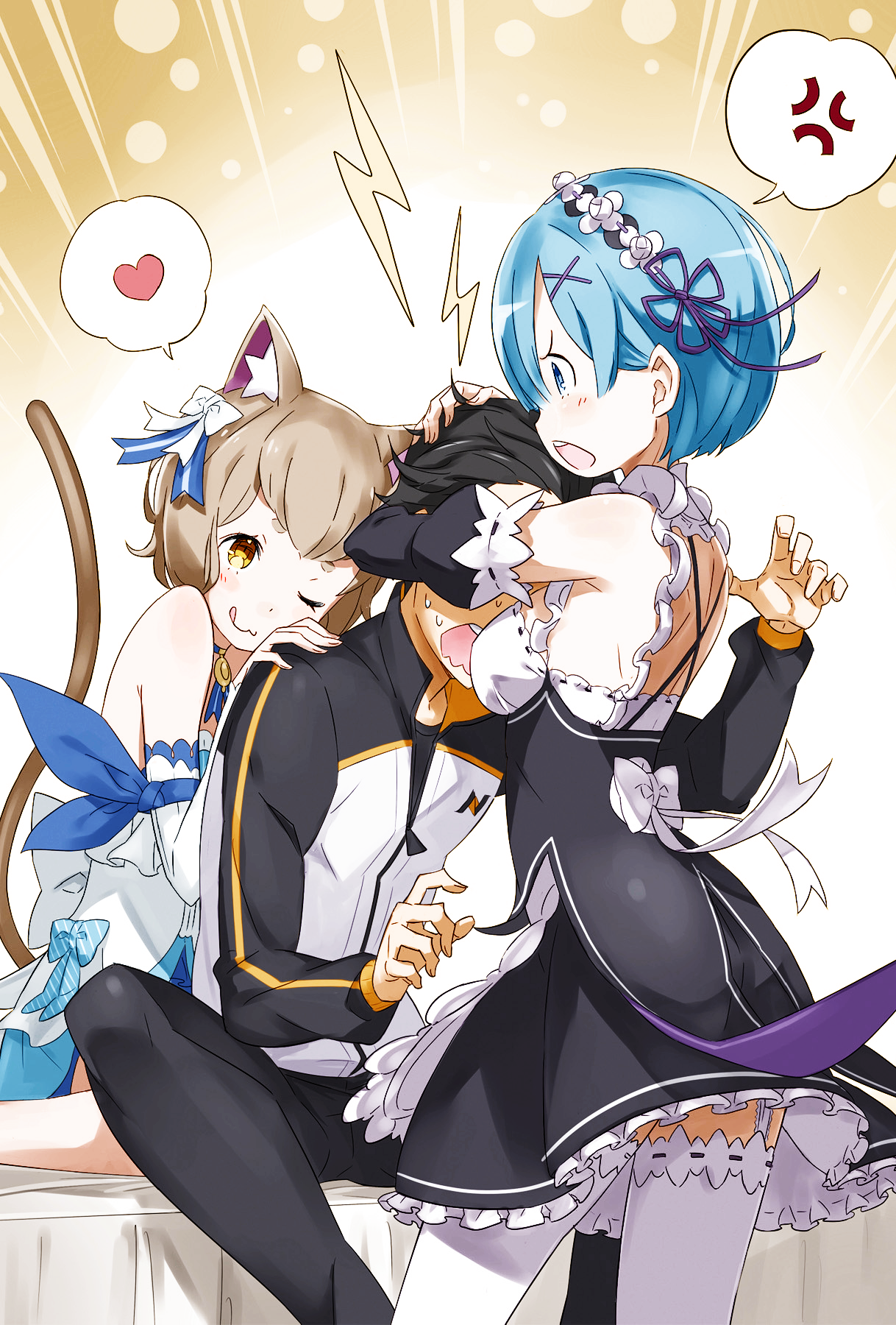 animal_ears dress felix_argyle gym_uniform maid natsuki_subaru nekomimi ootsuka_shinichirou re_zero_kara_hajimeru_isekai_seikatsu rem_(re_zero) skirt_lift stockings tail thighhighs trap