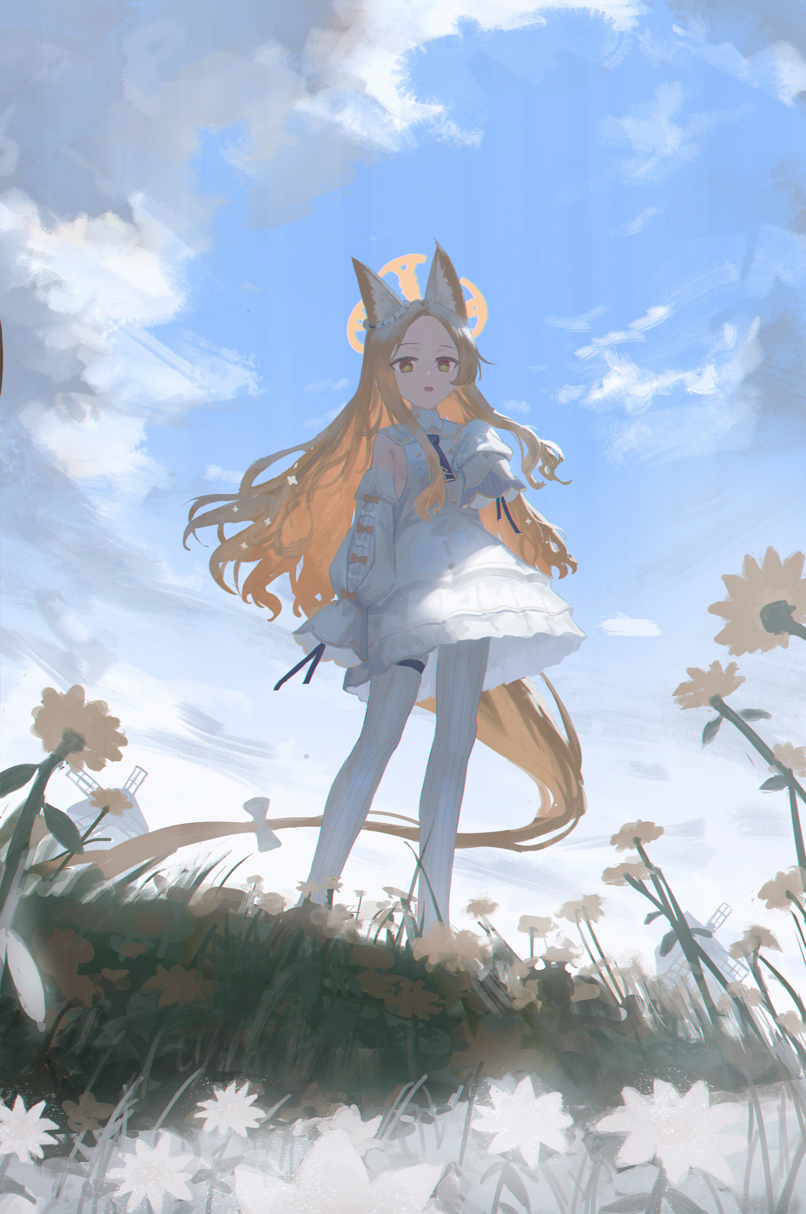 animal_ears blue_archive dress garter halo kitsune no_bra pantyhose skirt_lift tail xin1 yurizono_seia