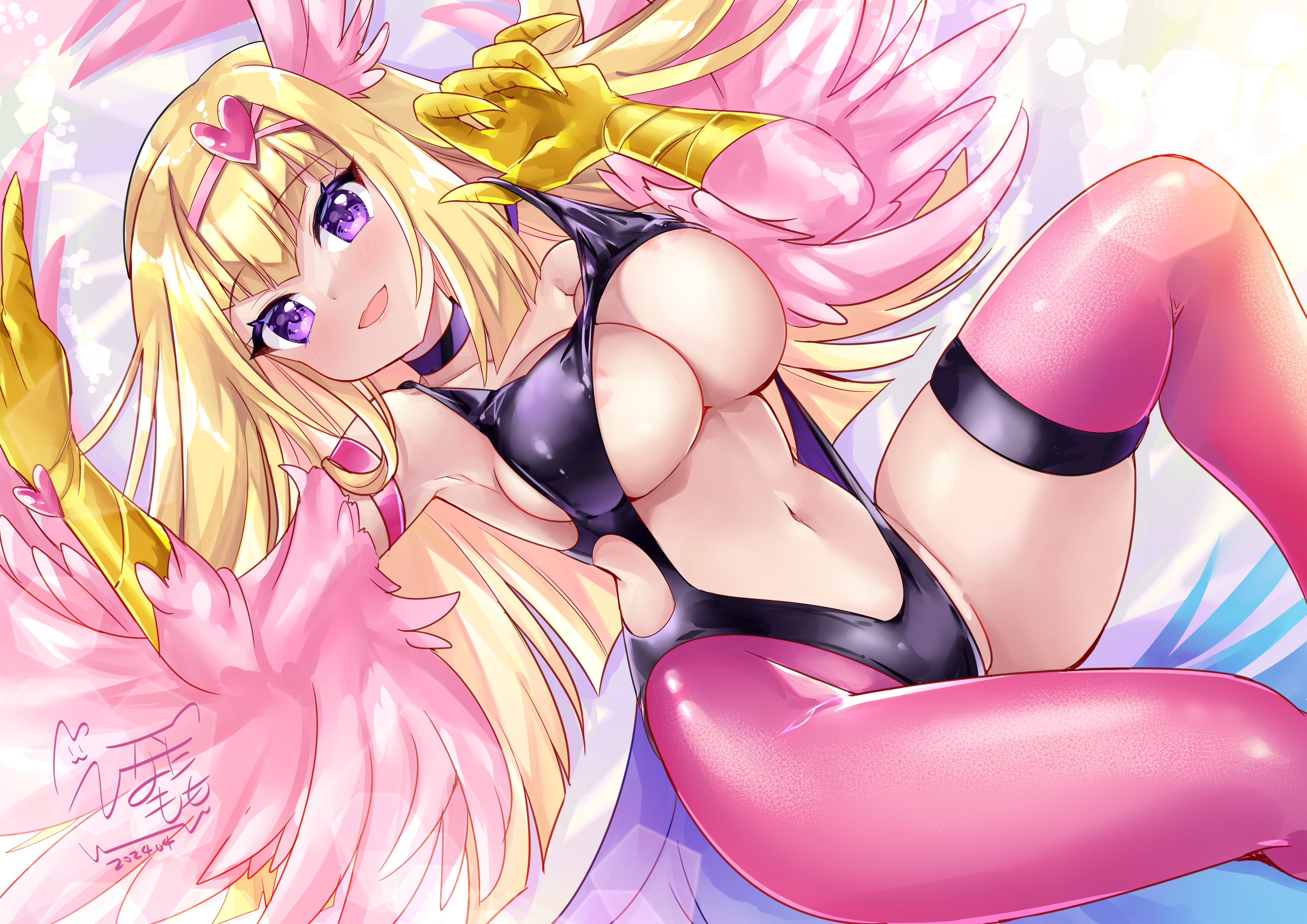 areola harpie_girl hinata_momo leotard monster_girl no_bra nopan thighhighs undressing wings yugioh