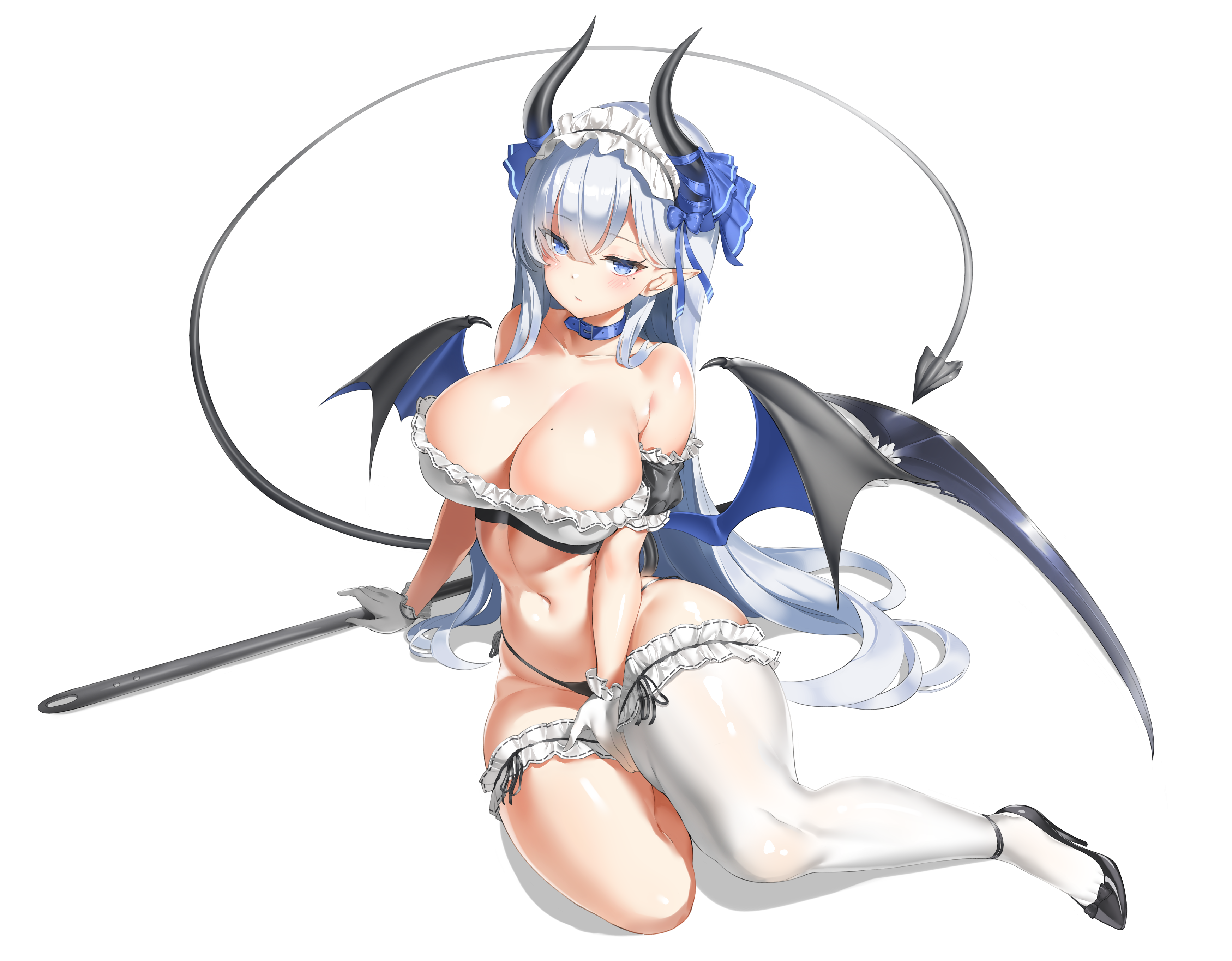 devil garter heels horns keibeam maid mona_(mokang) no_bra pantsu pointy_ears string_panties tail thighhighs weapon wings