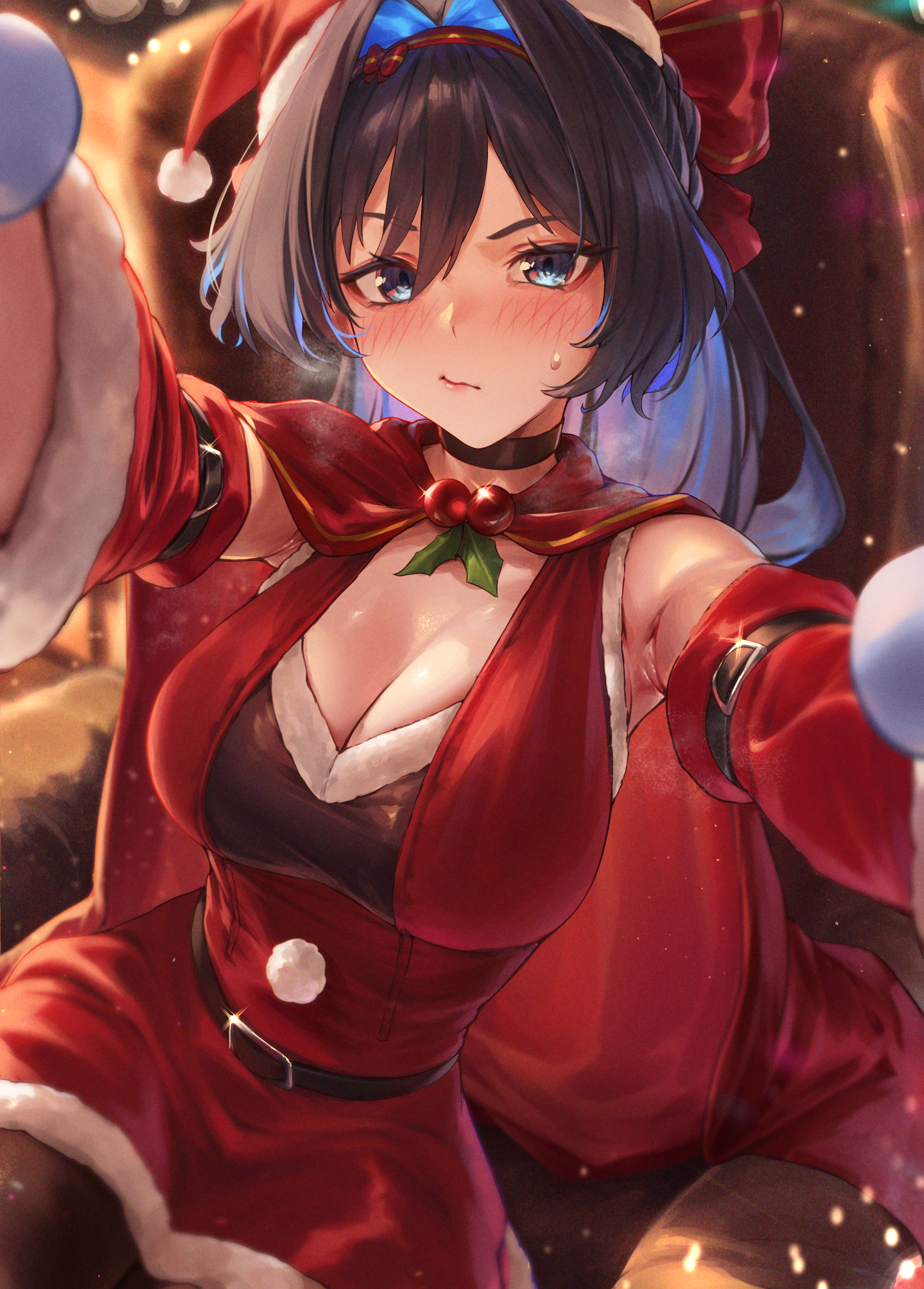 christmas cleavage dress hololive hololive_english ouro_kronii padoruu pantyhose