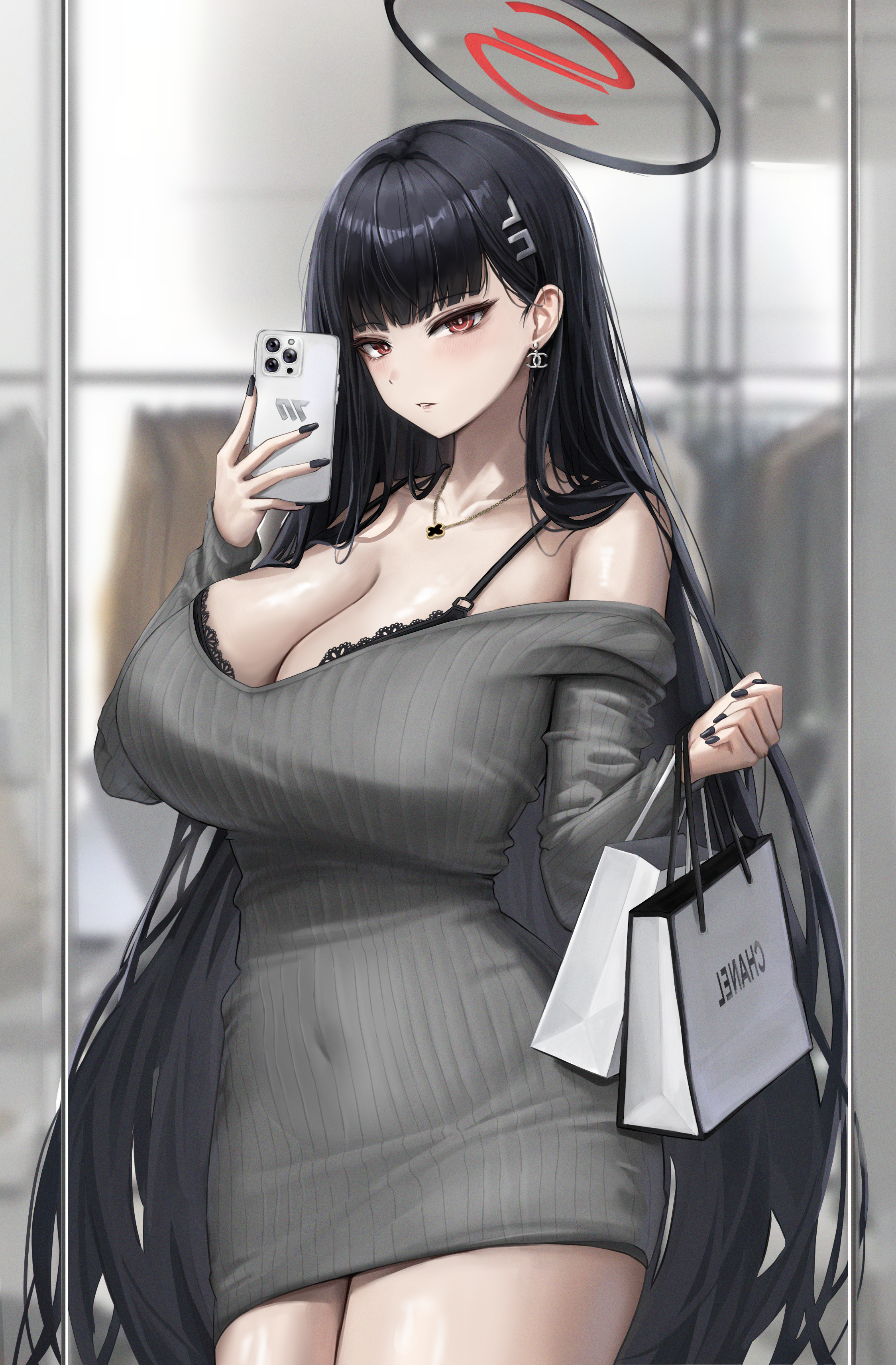 blue_archive bra dress drizz halo selfie sweater tsukatsuki_rio