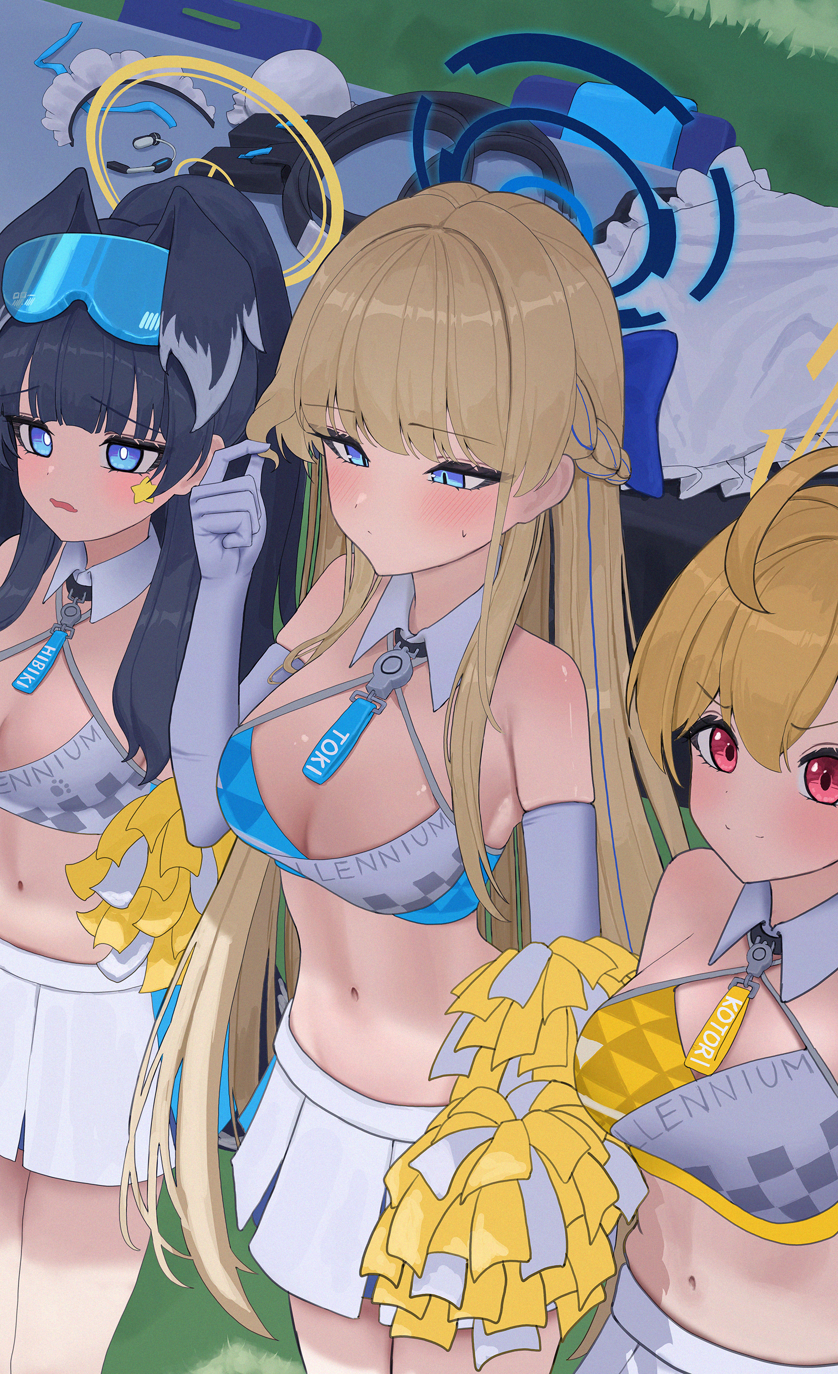 animal_ears asuma_toki blue_archive cheerleader cosplay halo inumimi maji_(majidesu3) nekozuka_hibiki no_bra toyomi_kotori