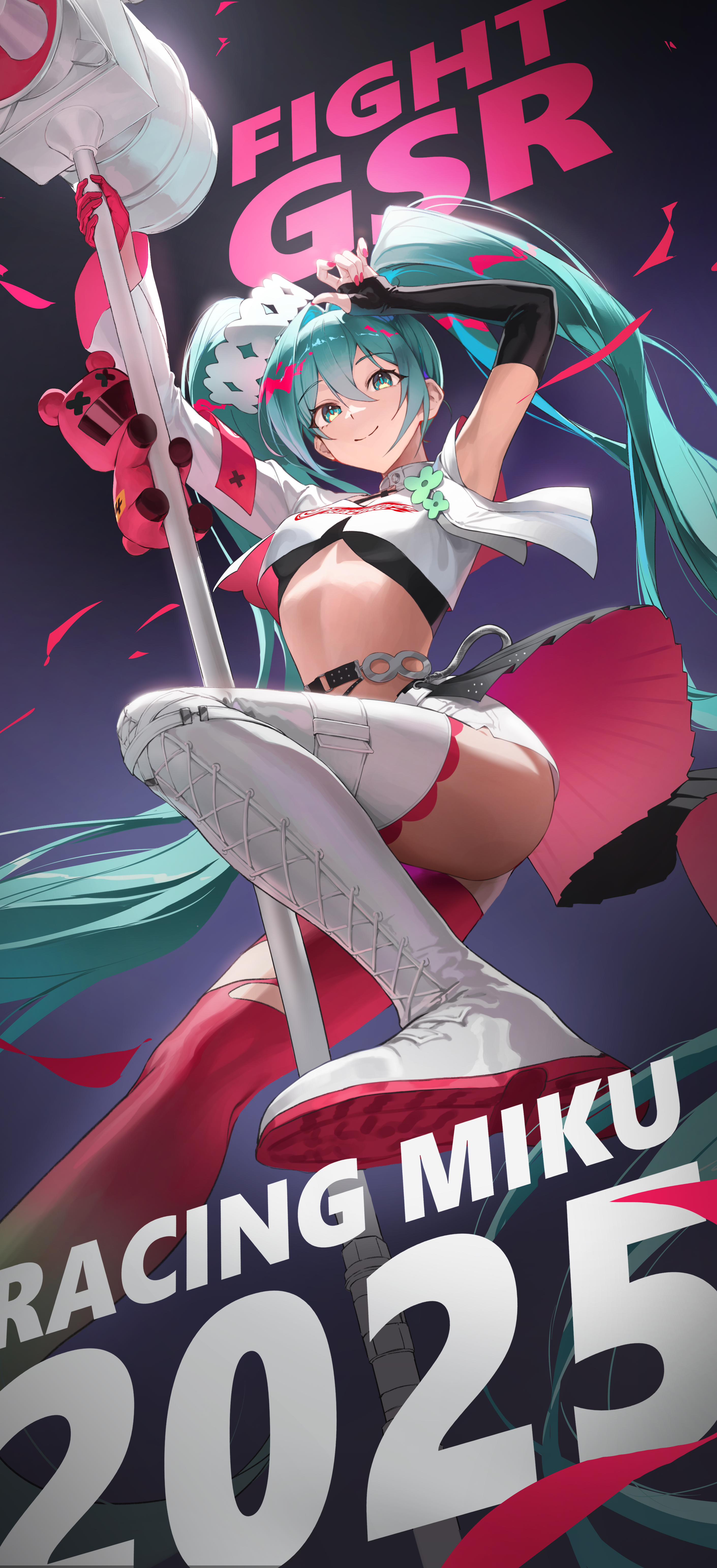 hatsune_miku racing_miku tagme thighhighs torn_clothes vocaloid weapon