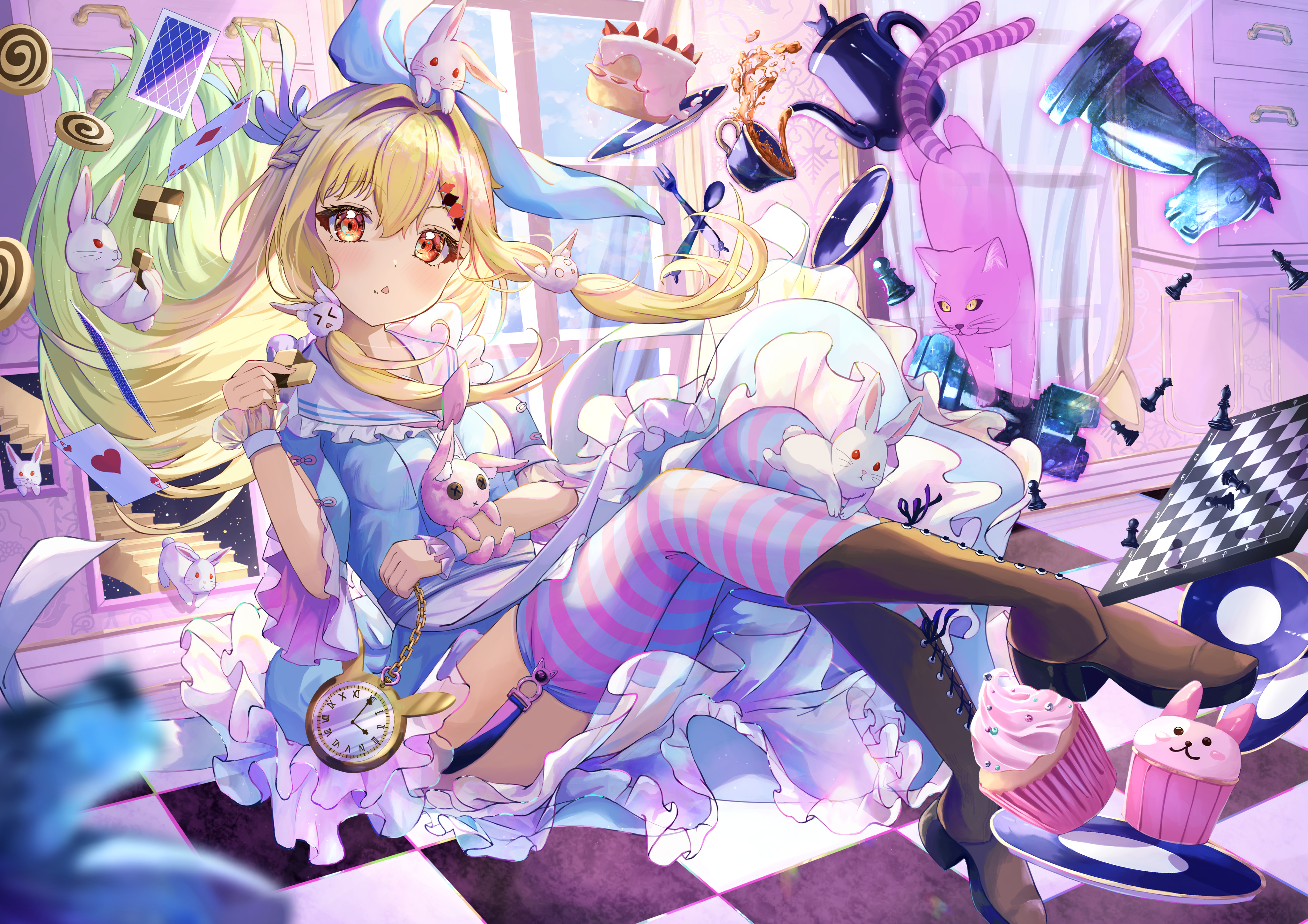 alice alice_in_wonderland cheshire_cat cream neko see_through seifuku sigmawolf skirt_lift stockings thighhighs white_rabbit