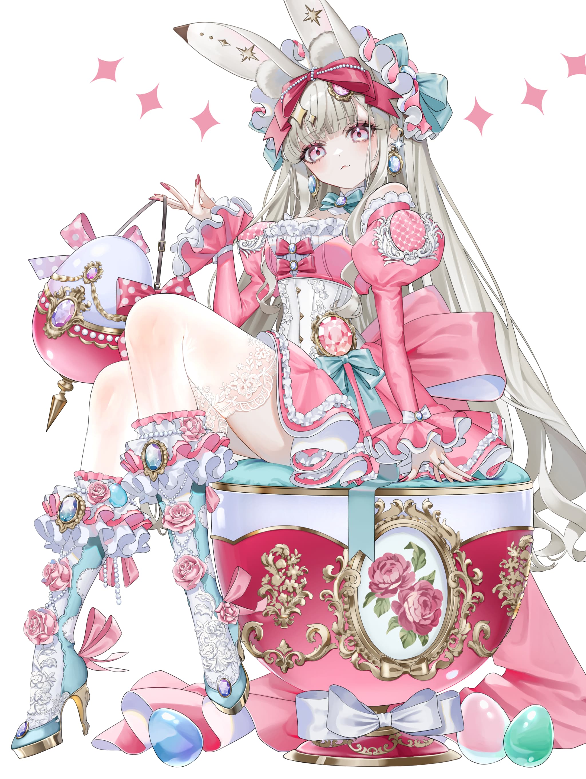 animal_ears bunny_ears dress heels lolita_fashion no_bra saika_usagi skirt_lift thighhighs
