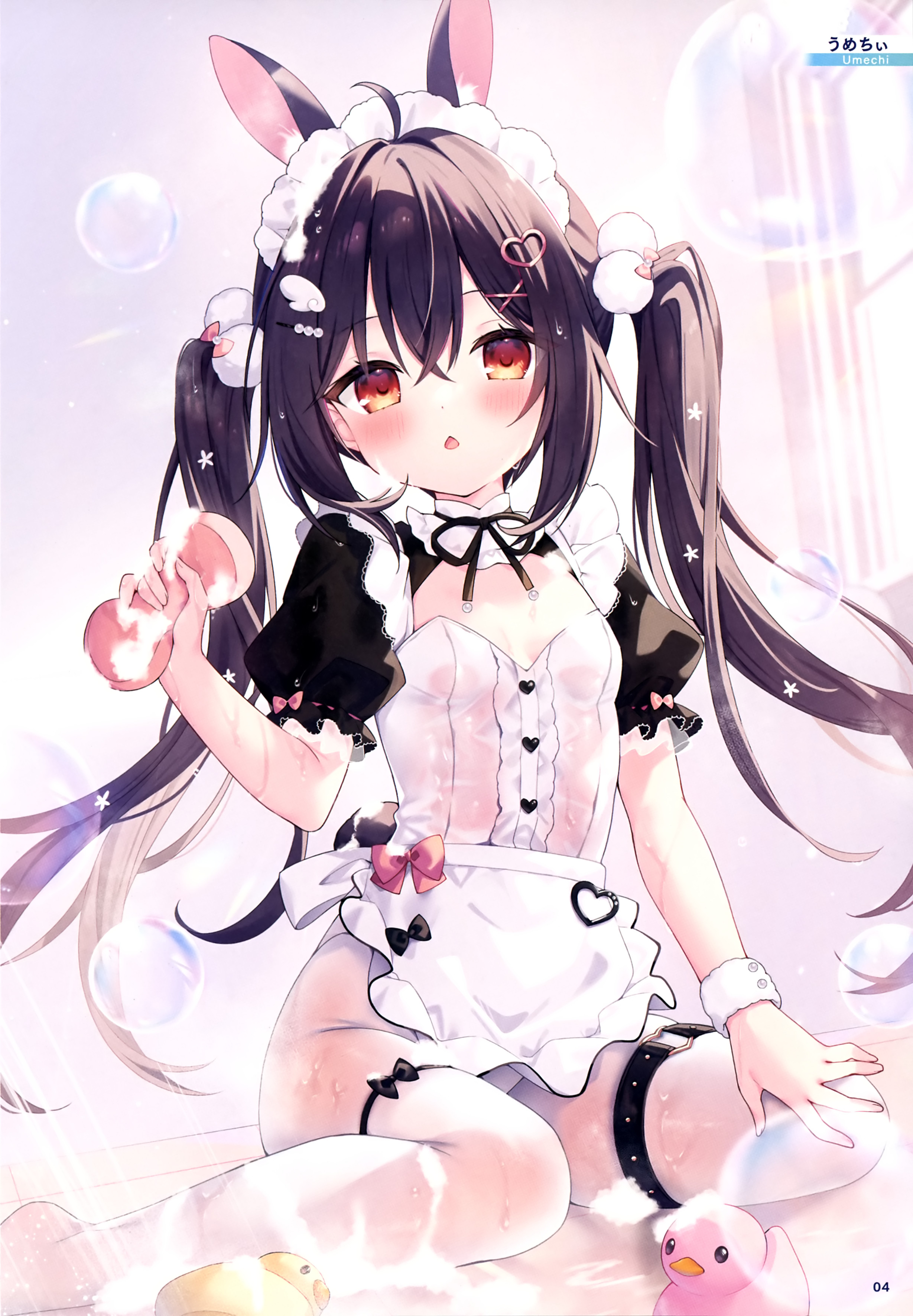 animal_ears bunny_ears bunny_girl cream garter loli maid no_bra pantyhose see_through umeko_machi wet wet_clothes