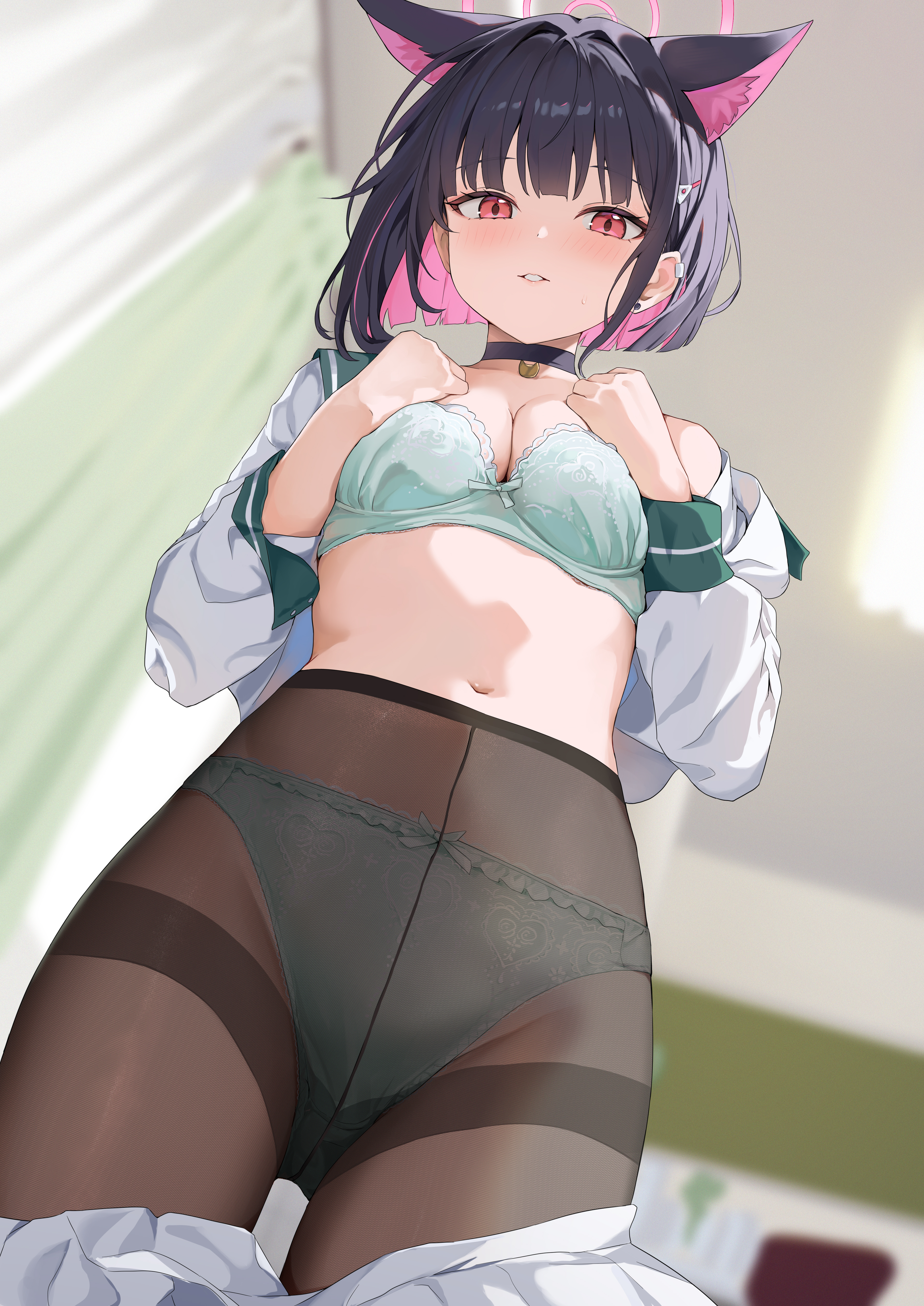 animal_ears blue_archive bra halo kizuna kyouyama_kazusa nekomimi open_shirt pantsu pantyhose see_through seifuku