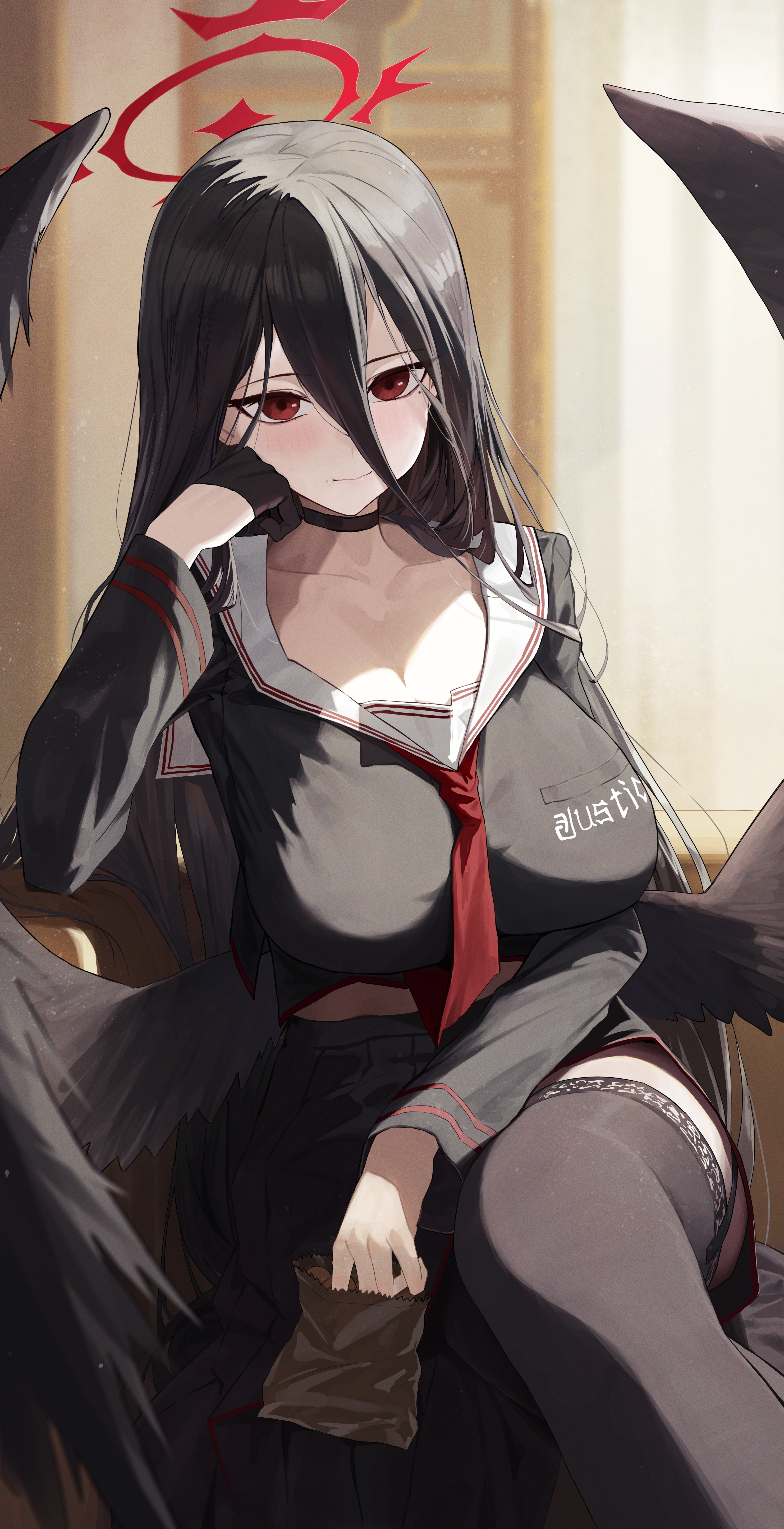 angel blue_archive hanekawa_hasumi re_naya seifuku skirt_lift stockings thighhighs wings
