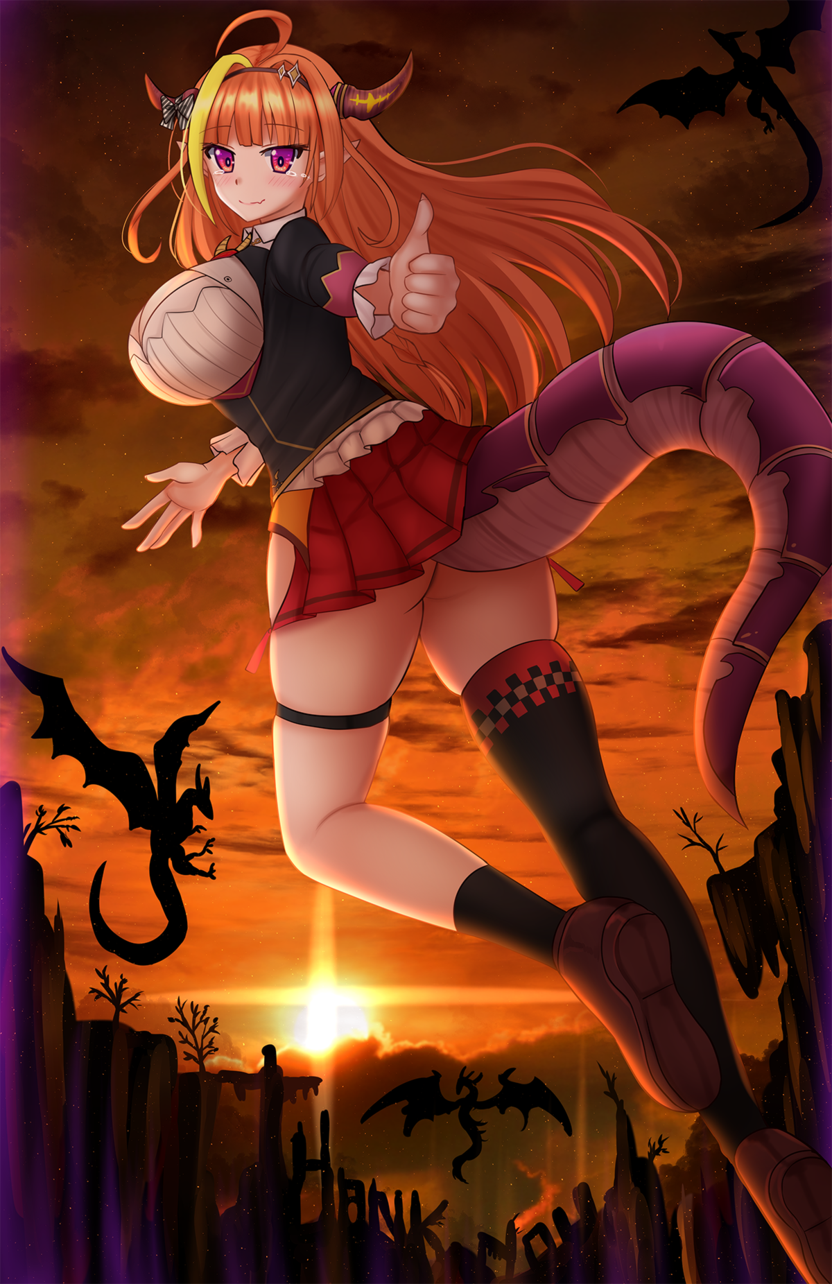 ass garter hololive horns kazenokaze kiryuu_coco nopan pointy_ears skirt_lift tail thighhighs