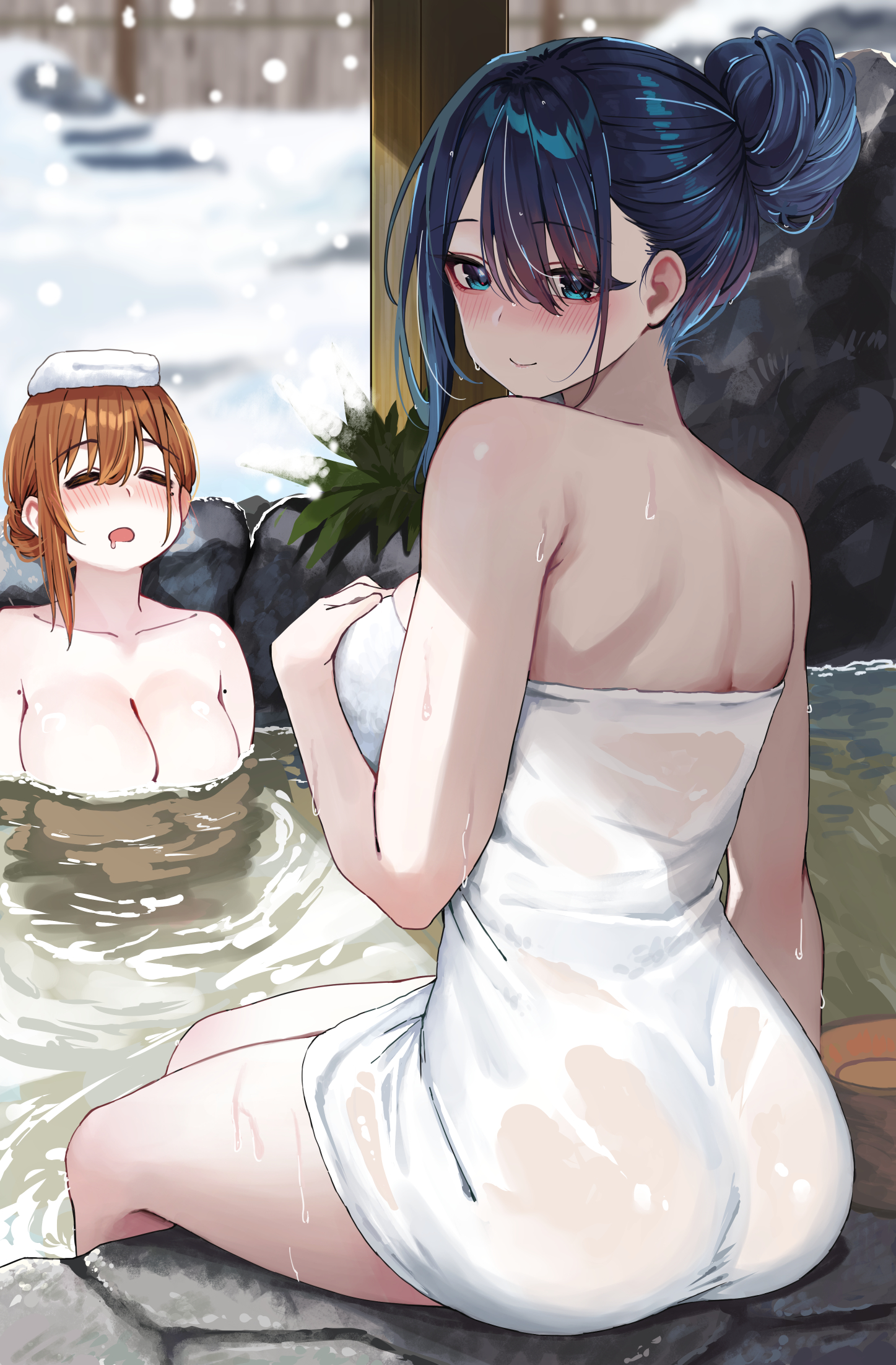 ass bathing breast_hold kouhai-chan_(udon.) ol-chan_(udon.) onsen see_through topless towel udon. wet